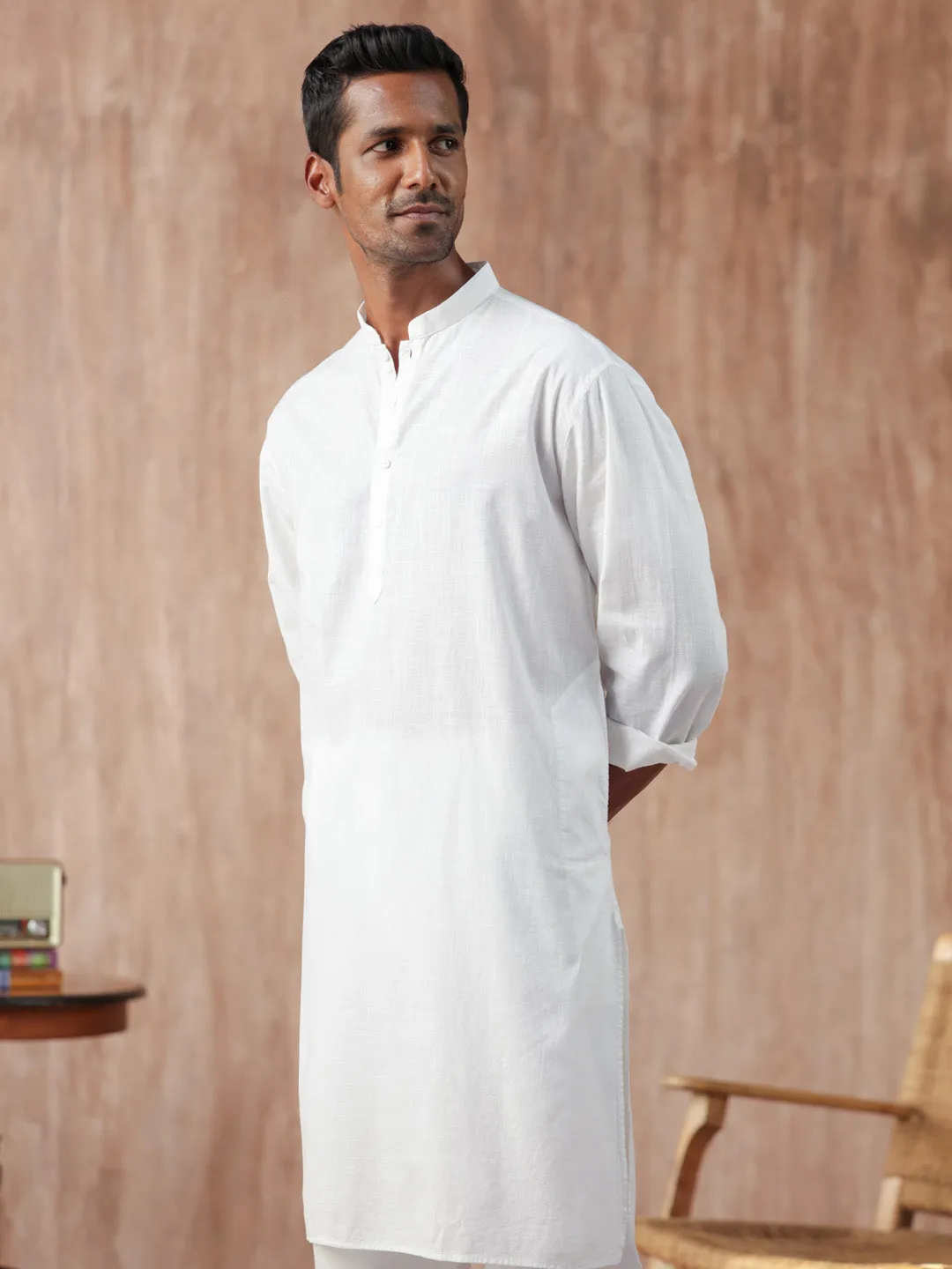 100% Cotton White Mandarin Collar Kurta - Harmony