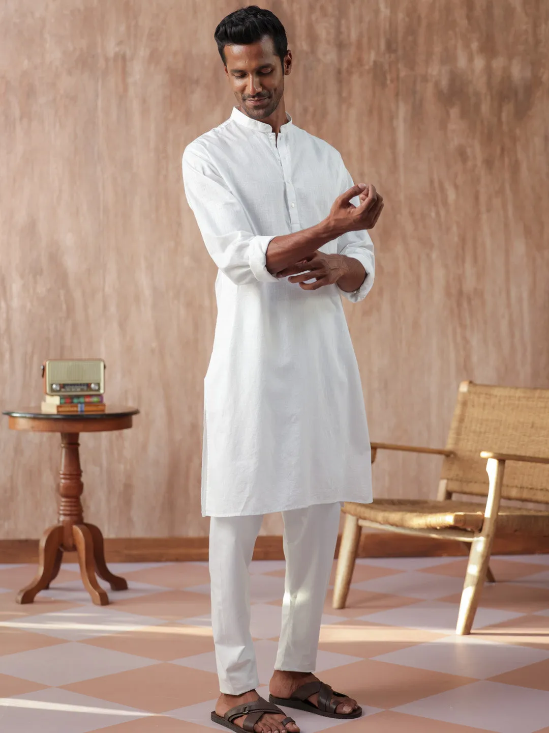 100% Cotton White Mandarin Collar Kurta - Harmony