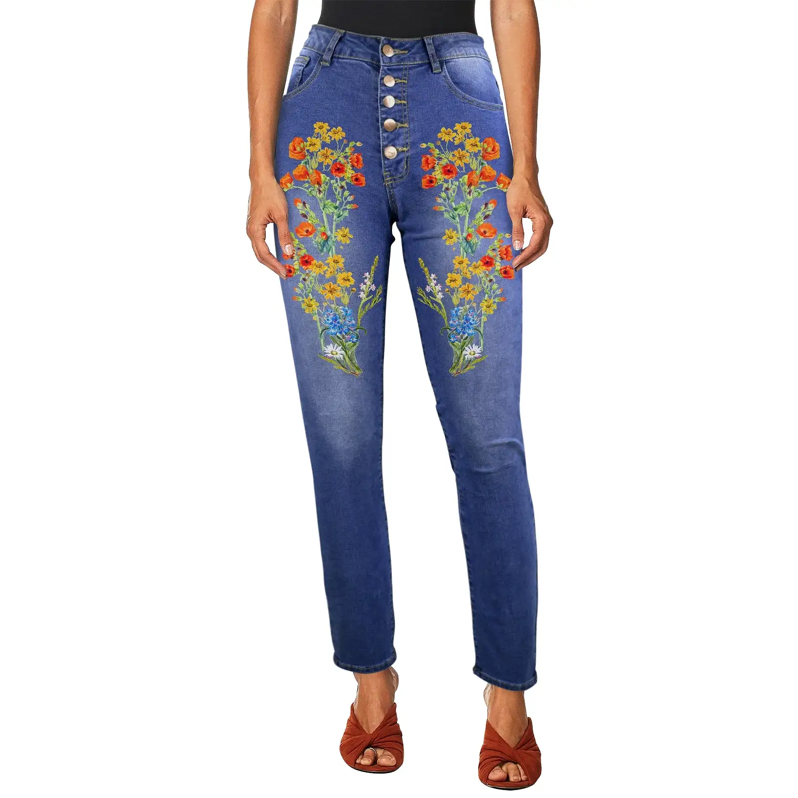 2 Pink Watermelon Wildflower Floral print copy Women's Jeans (Front Printing) (Model L75)