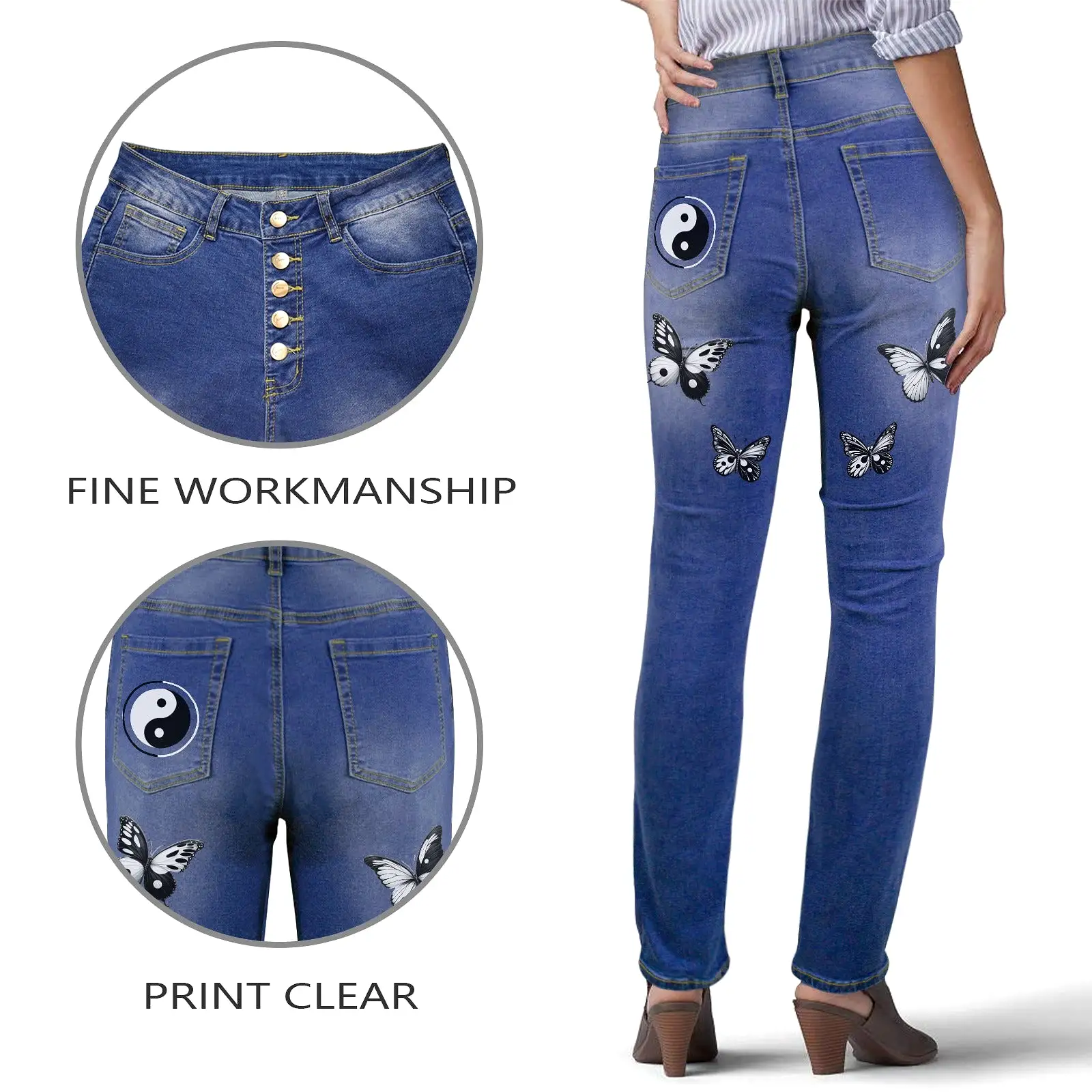 2 YIN YANG WATECH 2 copy Women's Jeans (Back Printing) (Model L75)