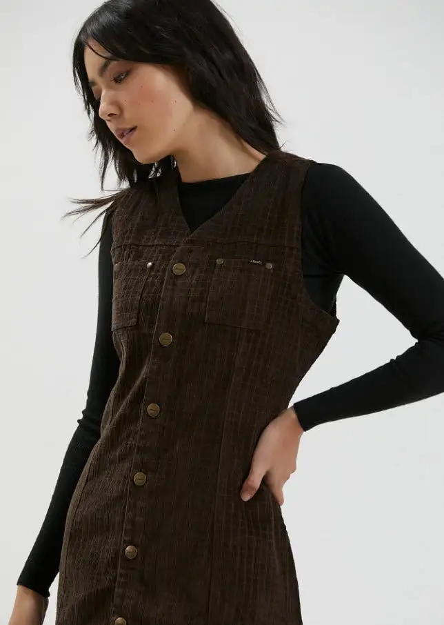 Afends Hemp Check Cord Dress Kaia Coffee