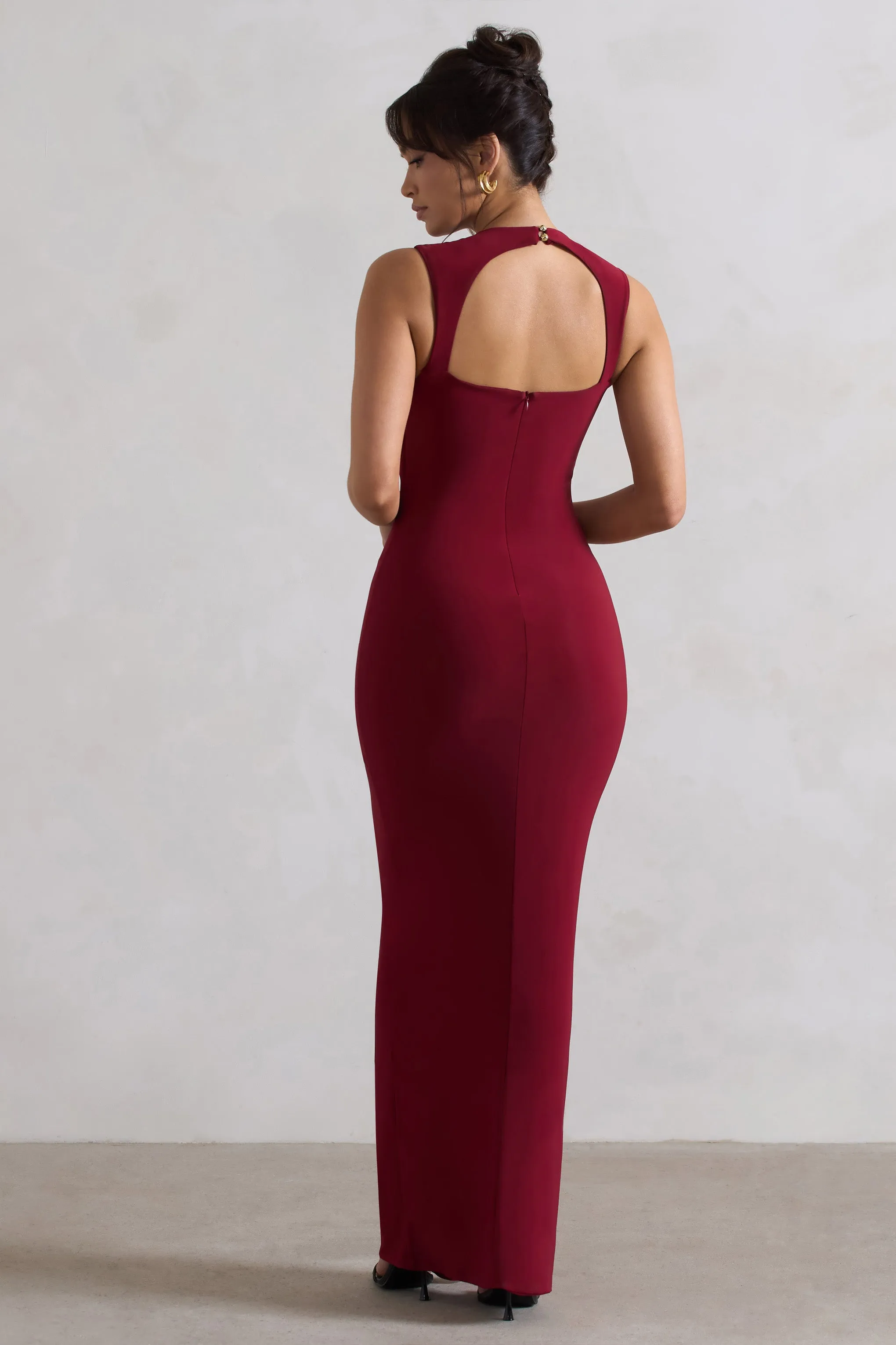 Alexa | Berry High-Neck Gathered Maxi Dress With Drape