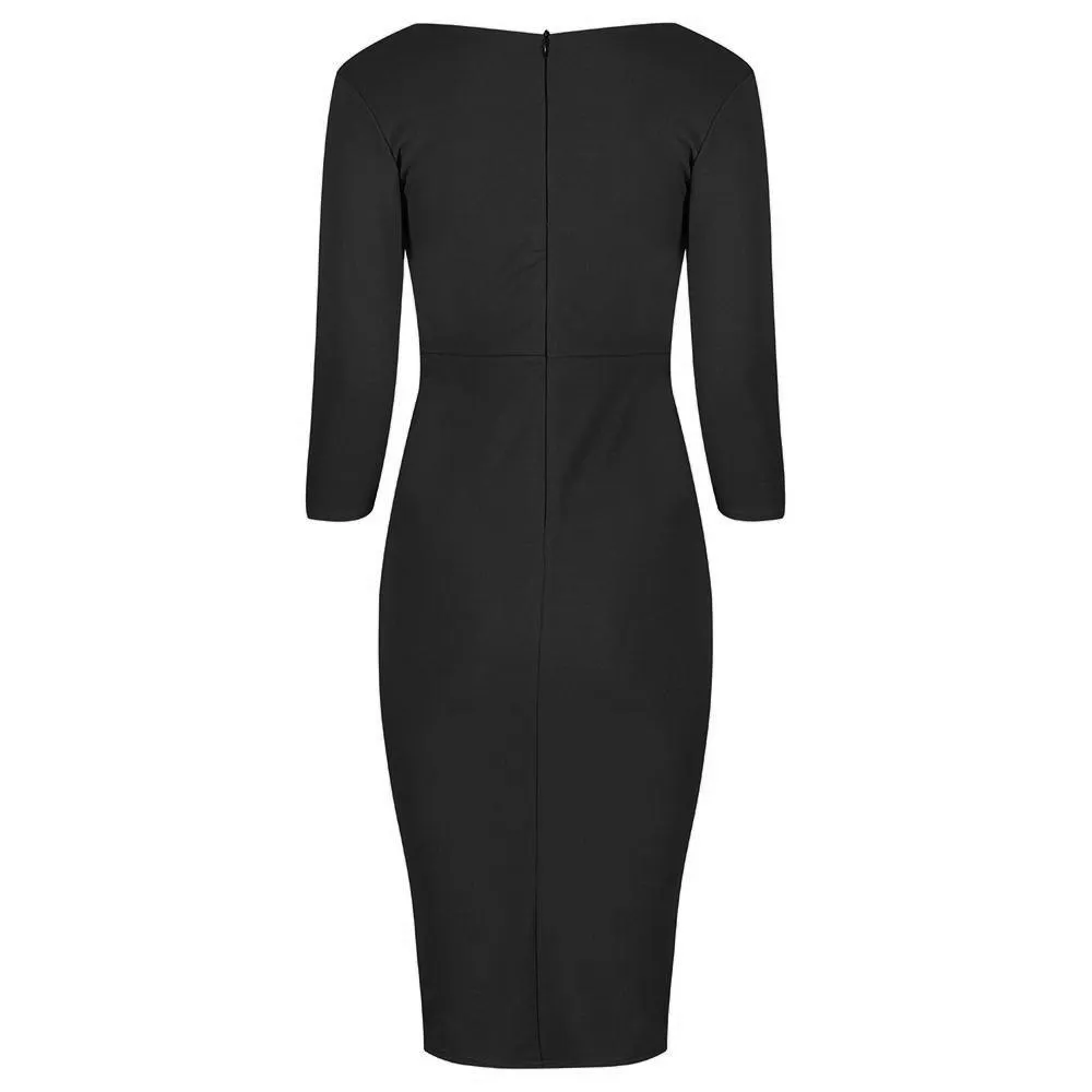 Black 3/4 Sleeve Empire Waist Waterfall Ruffle Wiggle Pencil Dress