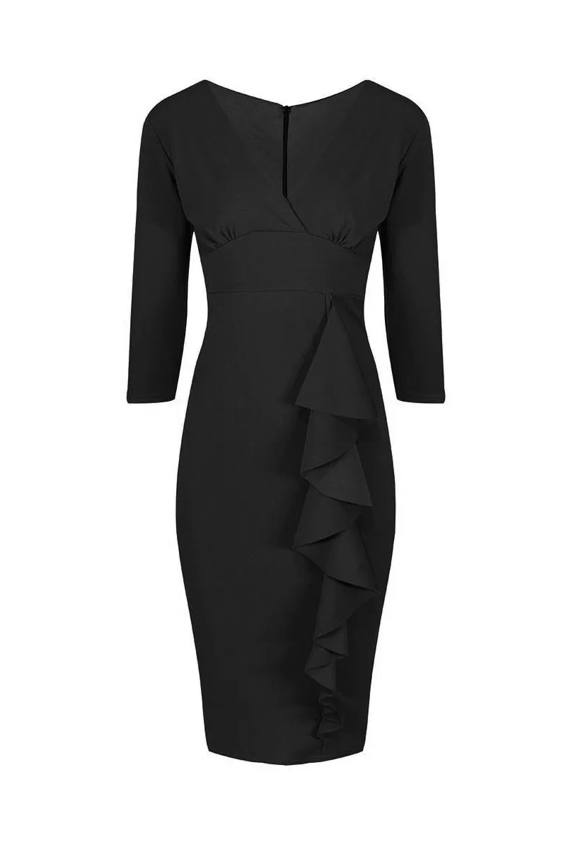 Black 3/4 Sleeve Empire Waist Waterfall Ruffle Wiggle Pencil Dress