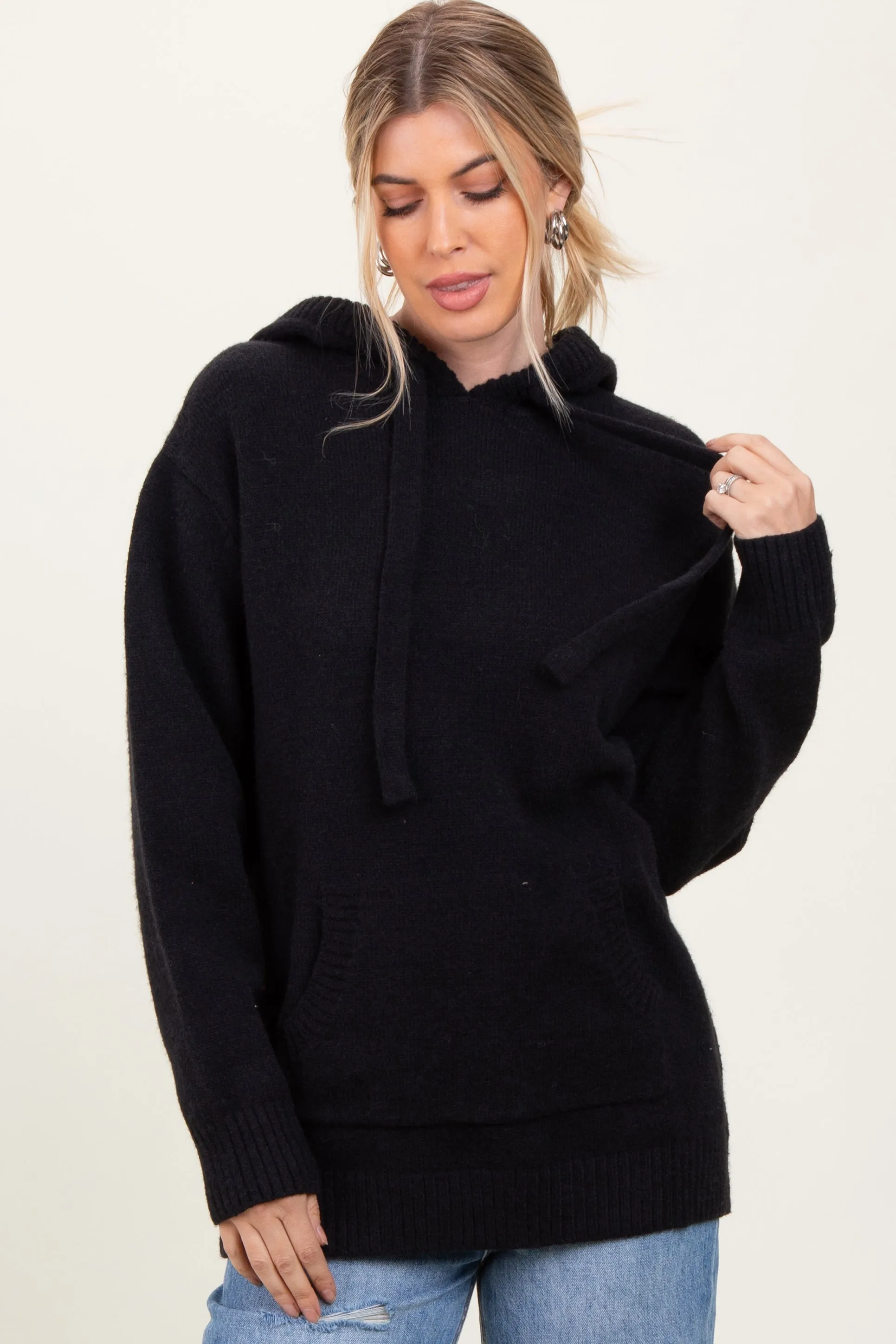 Black Knit Front Pocket Hooded Sweater