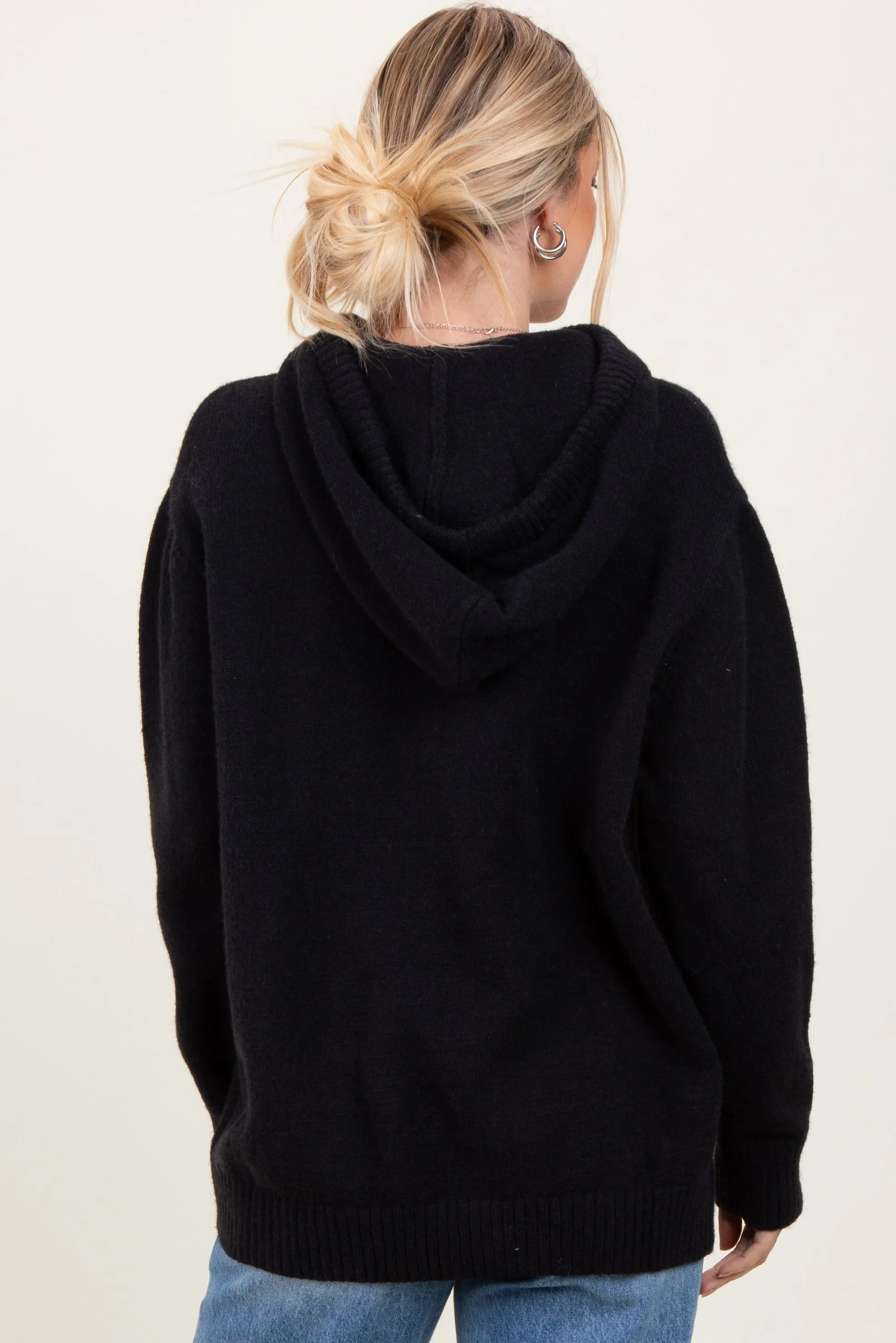 Black Knit Front Pocket Hooded Sweater