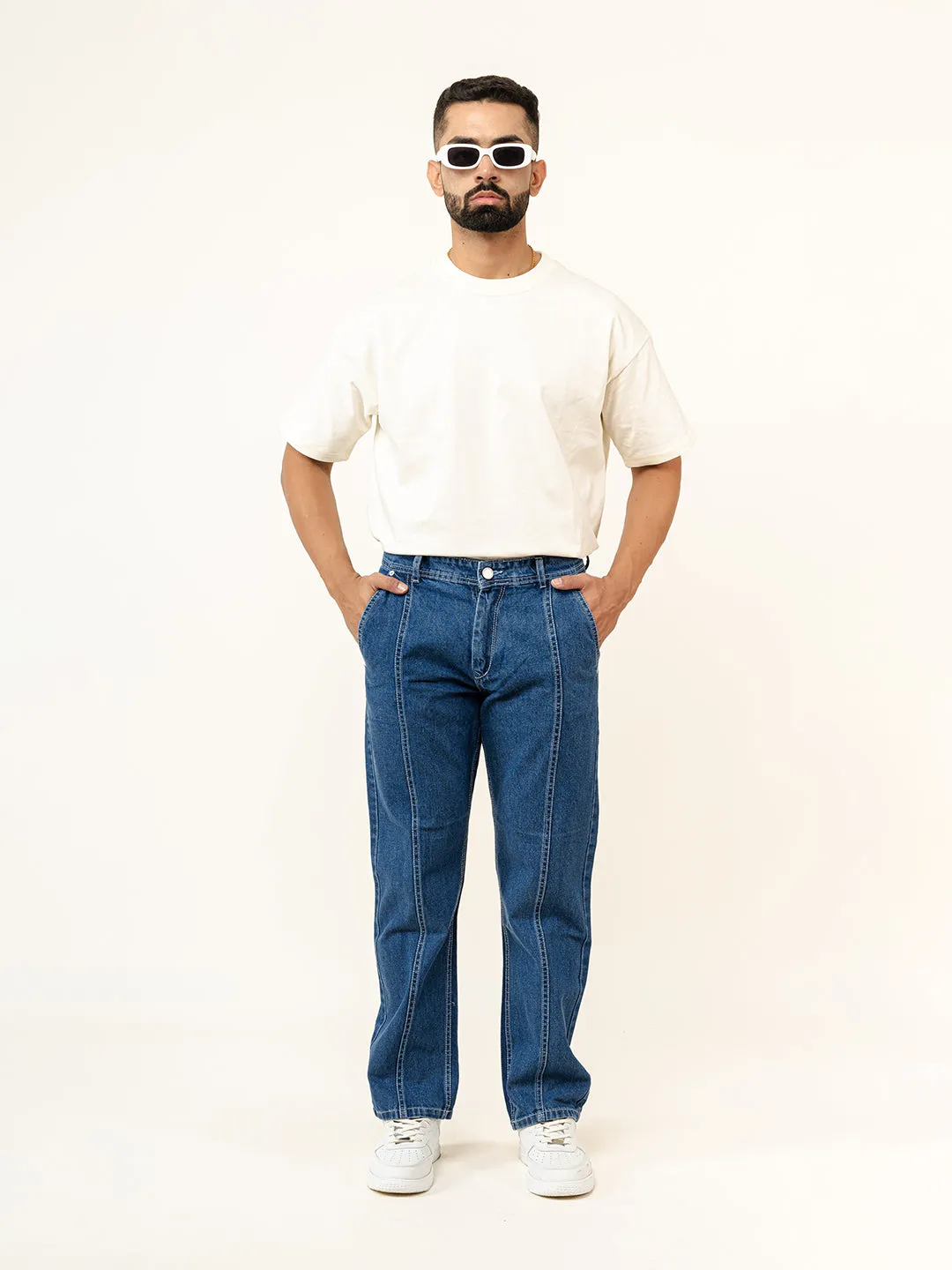 Blue Flared Straight Fit Denim Cargo Jeans