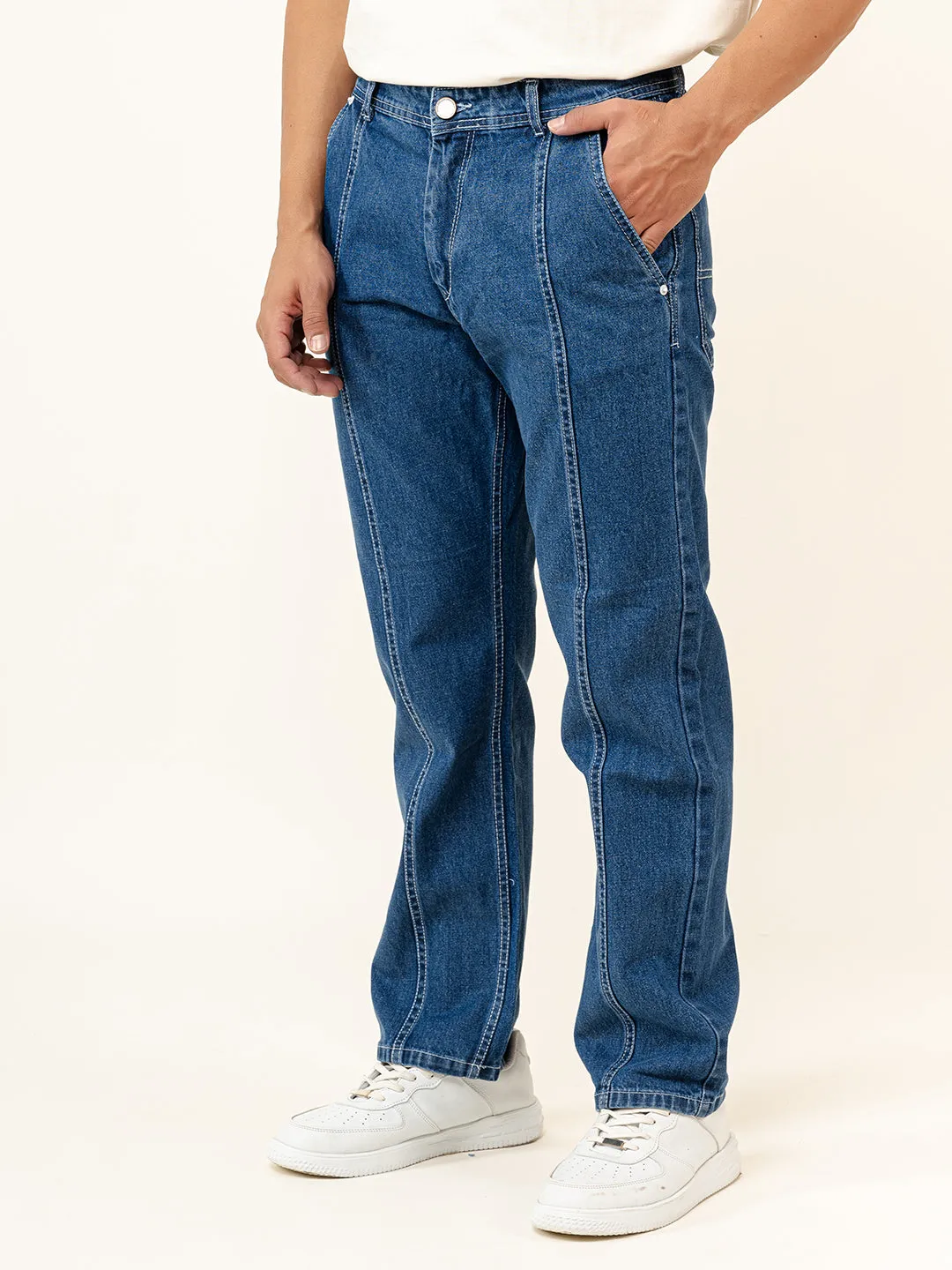 Blue Flared Straight Fit Denim Cargo Jeans