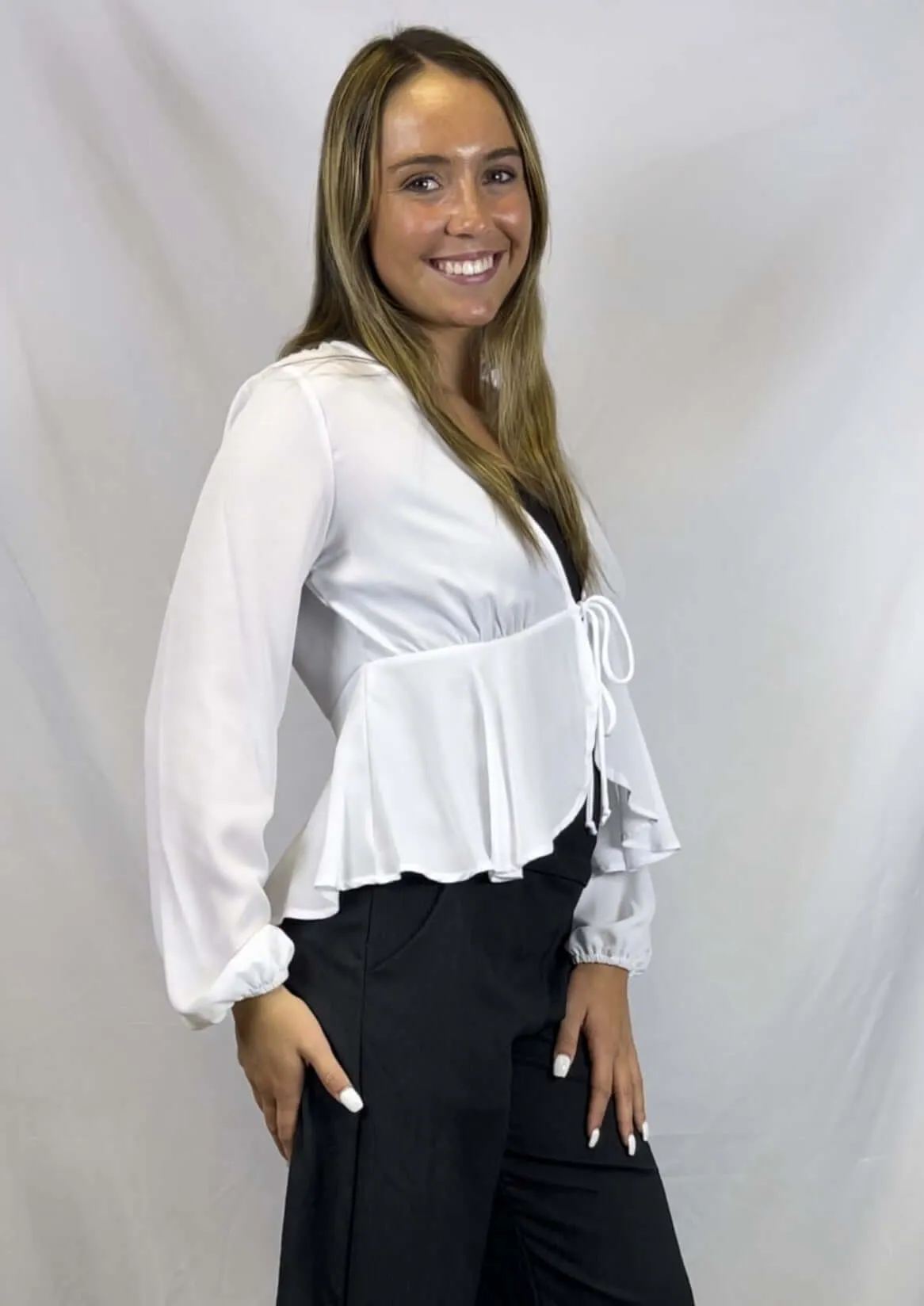 Bright White Tie Front Peplum Cardigan Made in USA - Clearance Final Sale