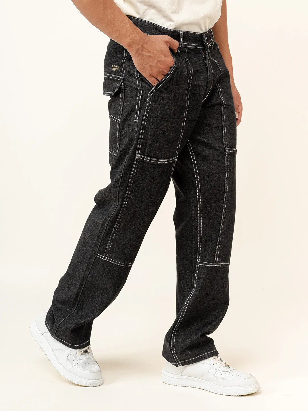 Carbon Black Flared Straight Fit Denim Cargo Jeans