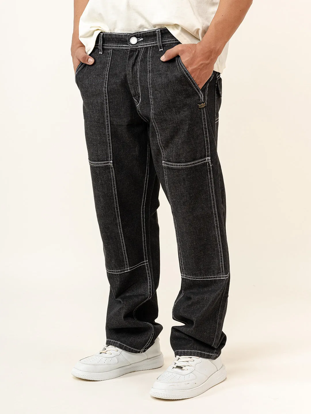 Carbon Black Flared Straight Fit Denim Cargo Jeans