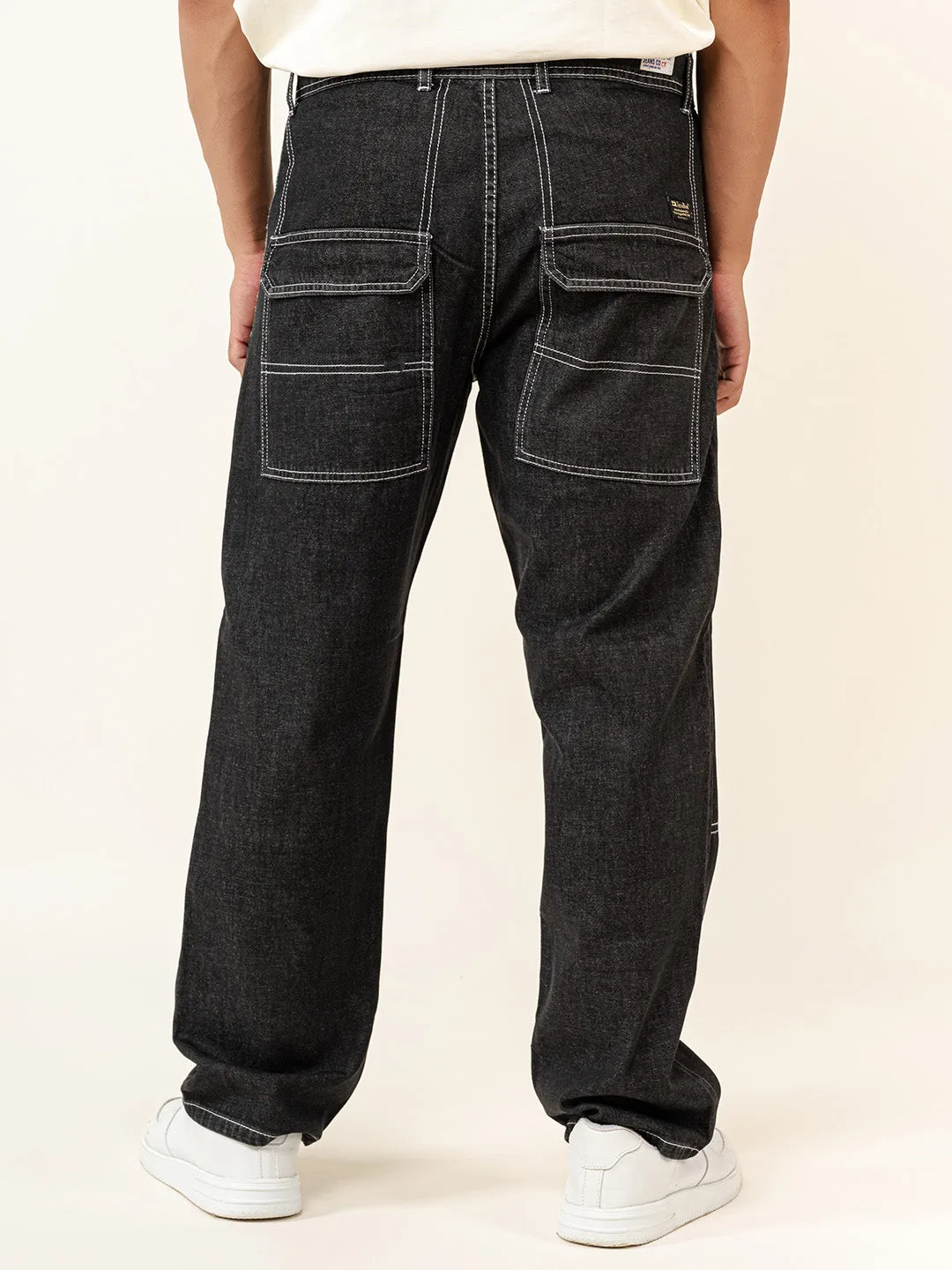 Carbon Black Flared Straight Fit Denim Cargo Jeans