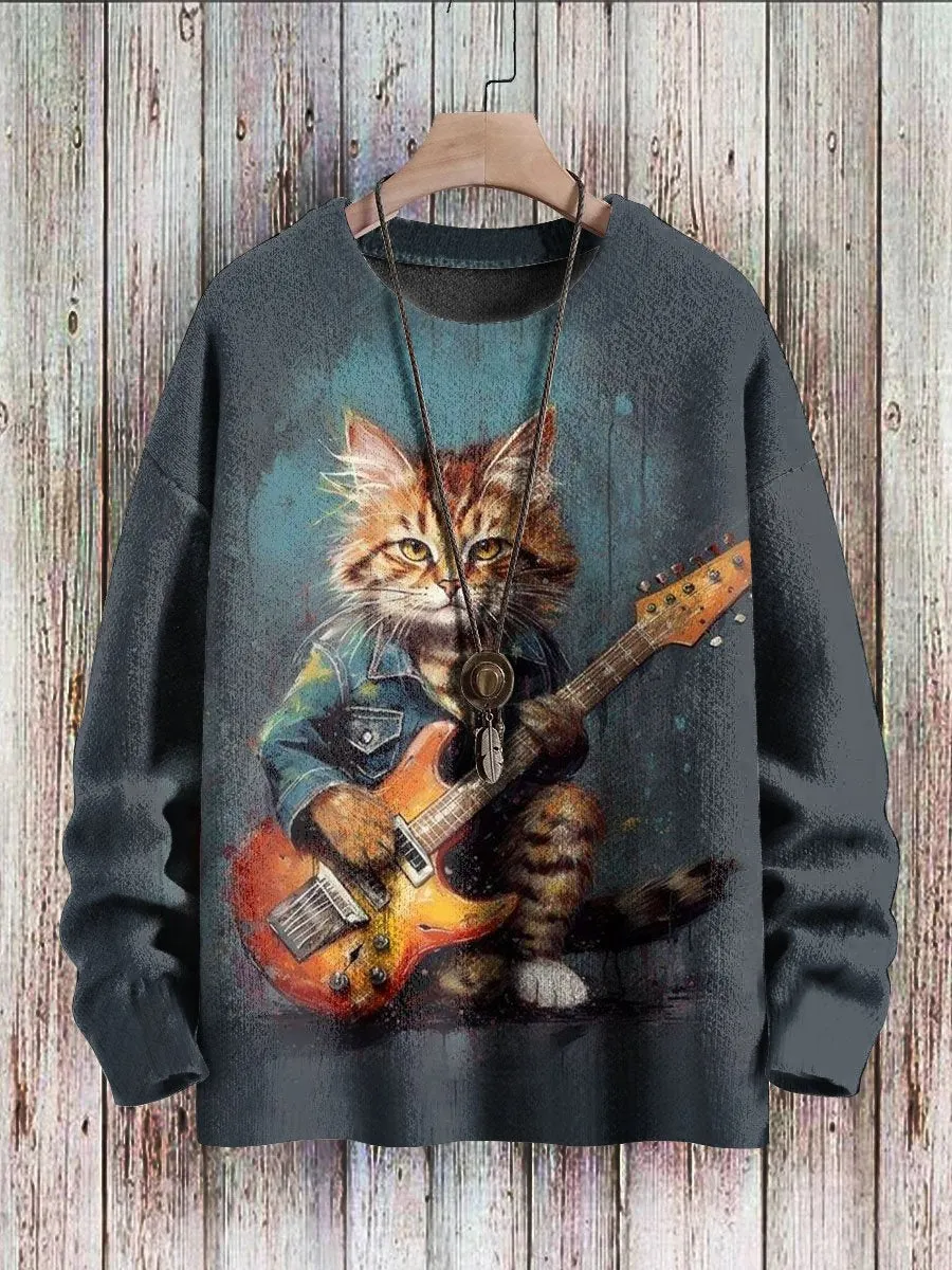 Cat Playing Guitar Print Casual Crew Neck Knitted Pullover Sweater