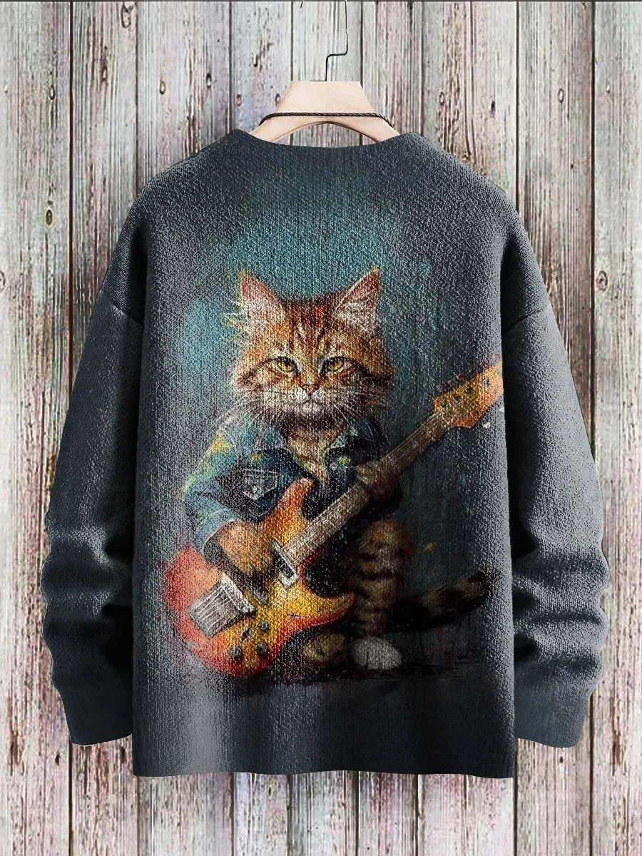 Cat Playing Guitar Print Casual Crew Neck Knitted Pullover Sweater