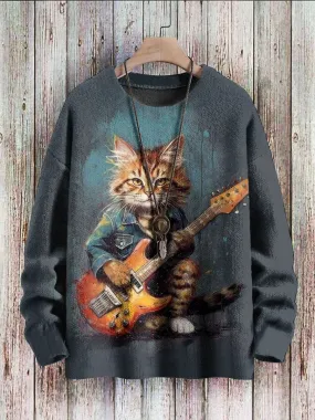 Cat Playing Guitar Print Casual Crew Neck Knitted Pullover Sweater