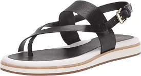 Cole Haan Mandy Black Leather White Canvas Ankle Strap Thong Flats Sandals