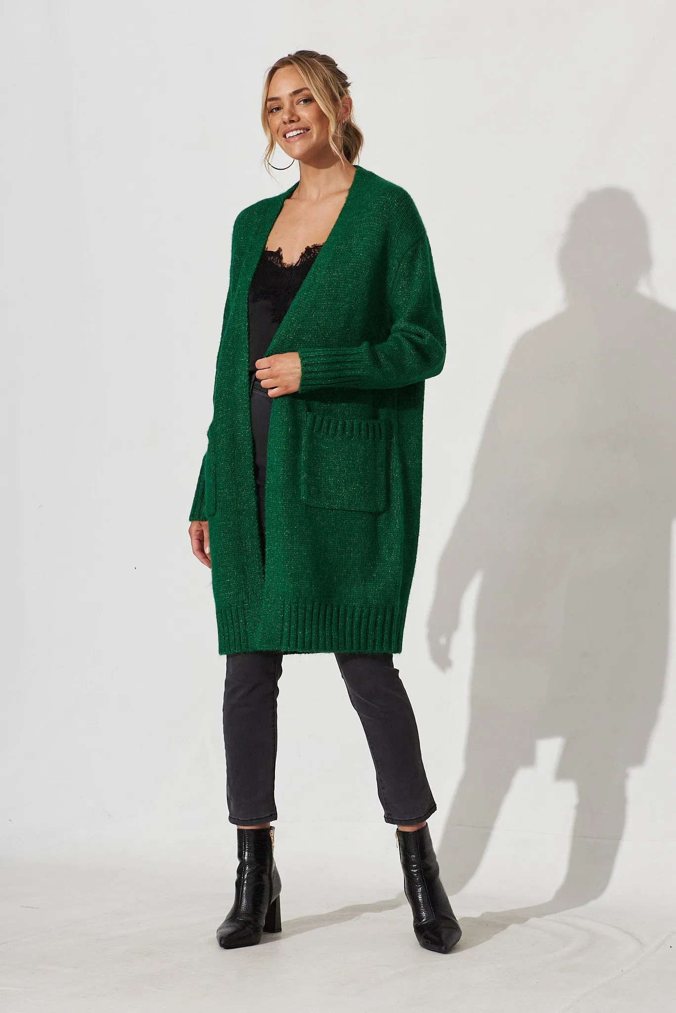 Colindale Knit Cardigan In Emerald Green Wool Blend