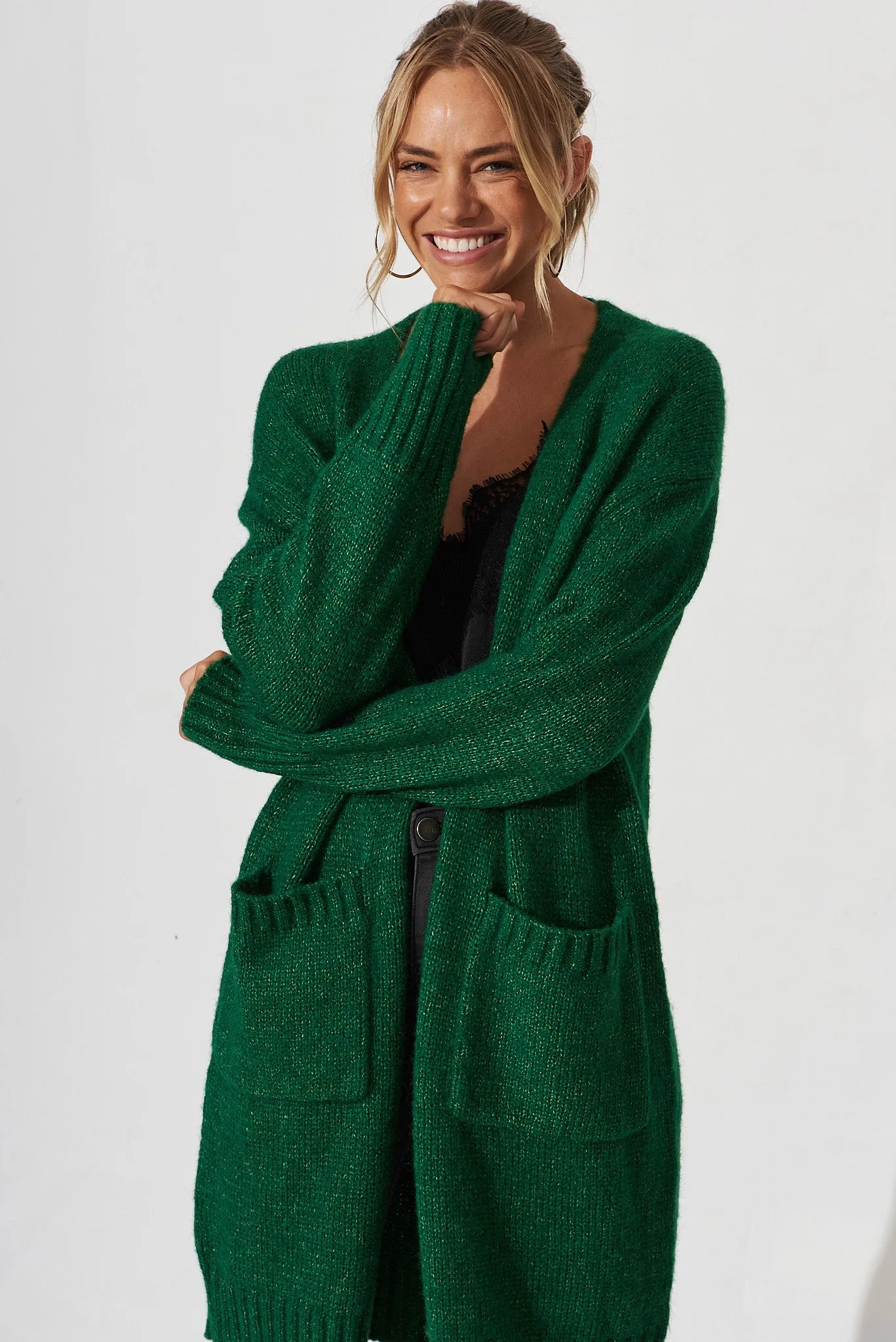 Colindale Knit Cardigan In Emerald Green Wool Blend