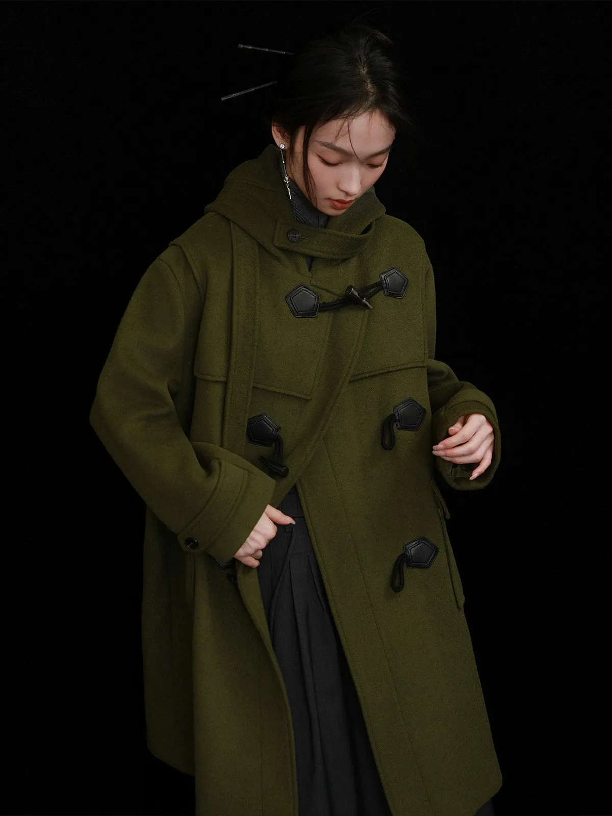 College Style Horn Button Hooded Coat