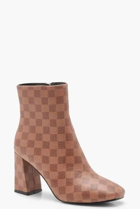 Contrast Check Zip Back Flare Heel Shoe Boots