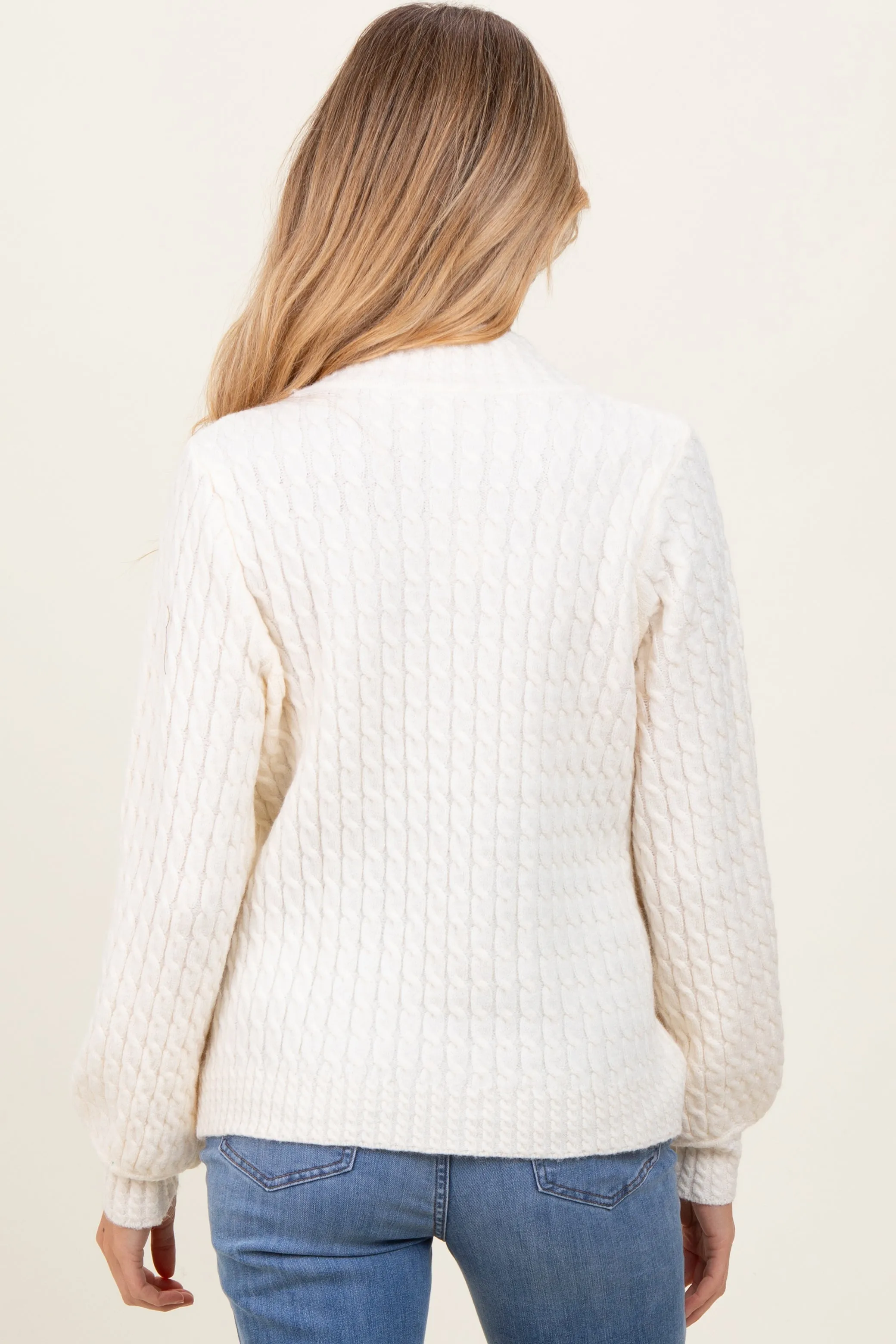 Cream Cable Knit Mock Neck Bubble Sleeve Maternity Sweater