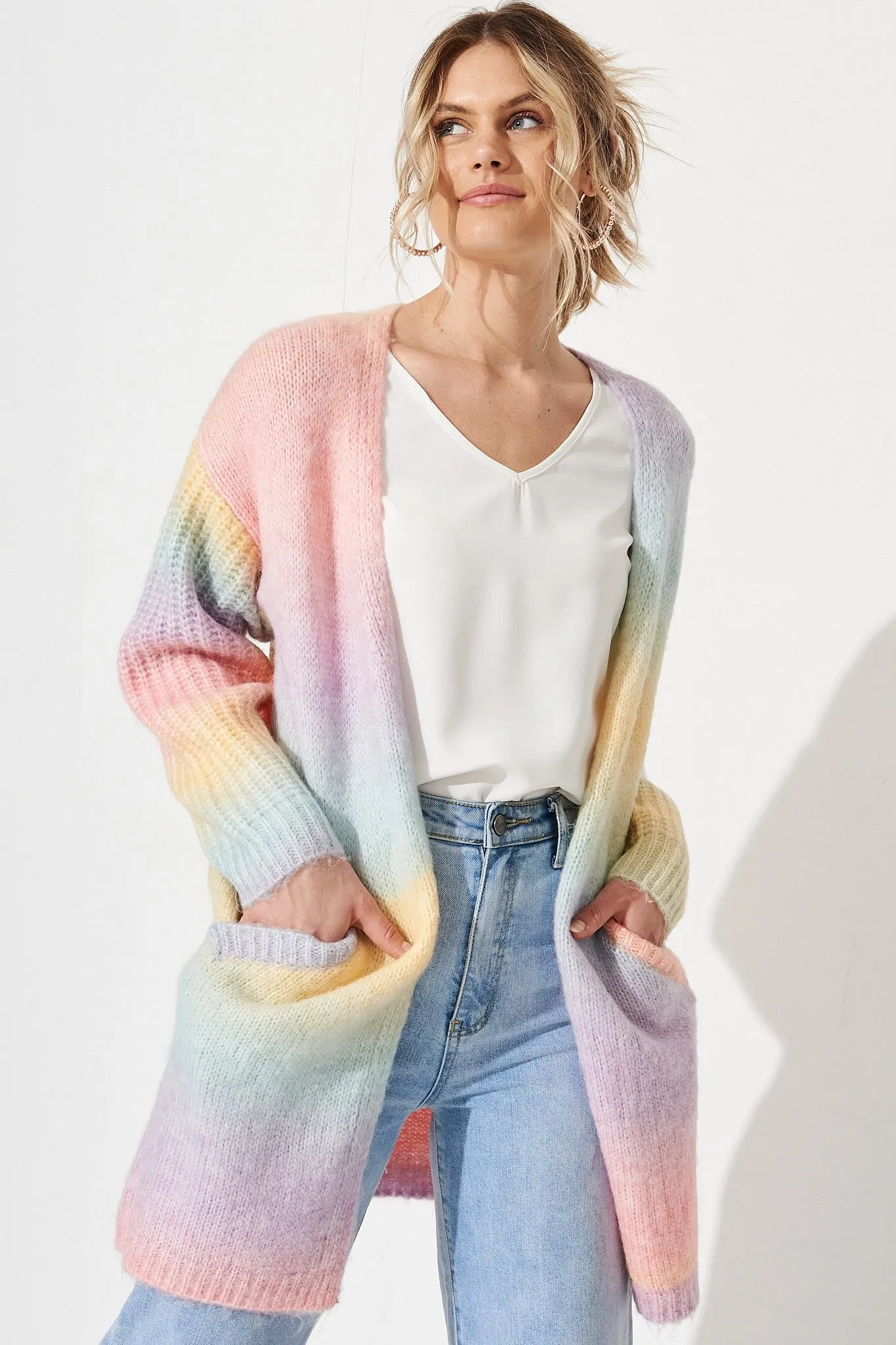 Cream Puff Knit Cardigan in Pastel Rainbow