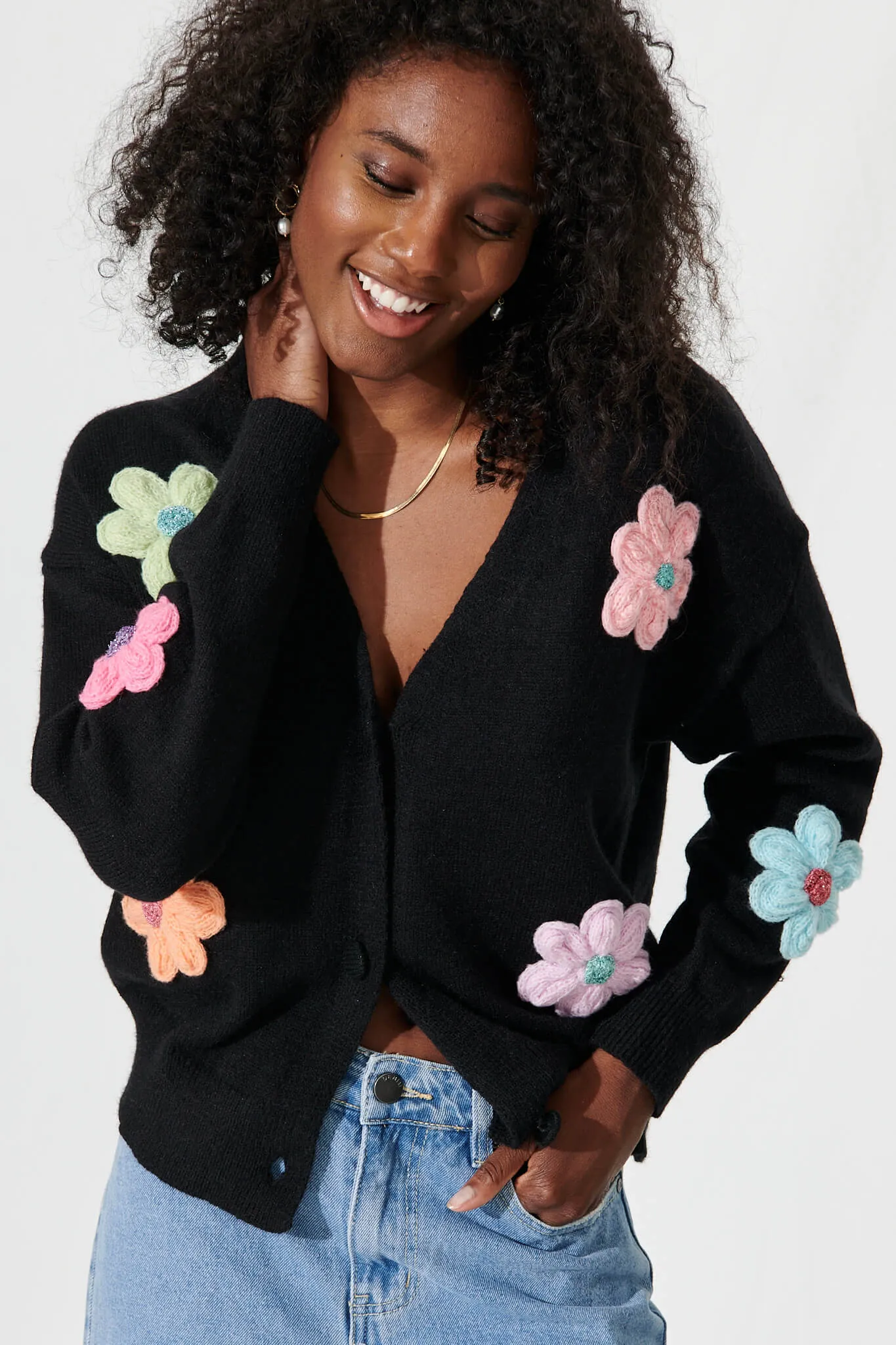 Daytales Knit Cardigan In Black With Multi Flower Wool Blend