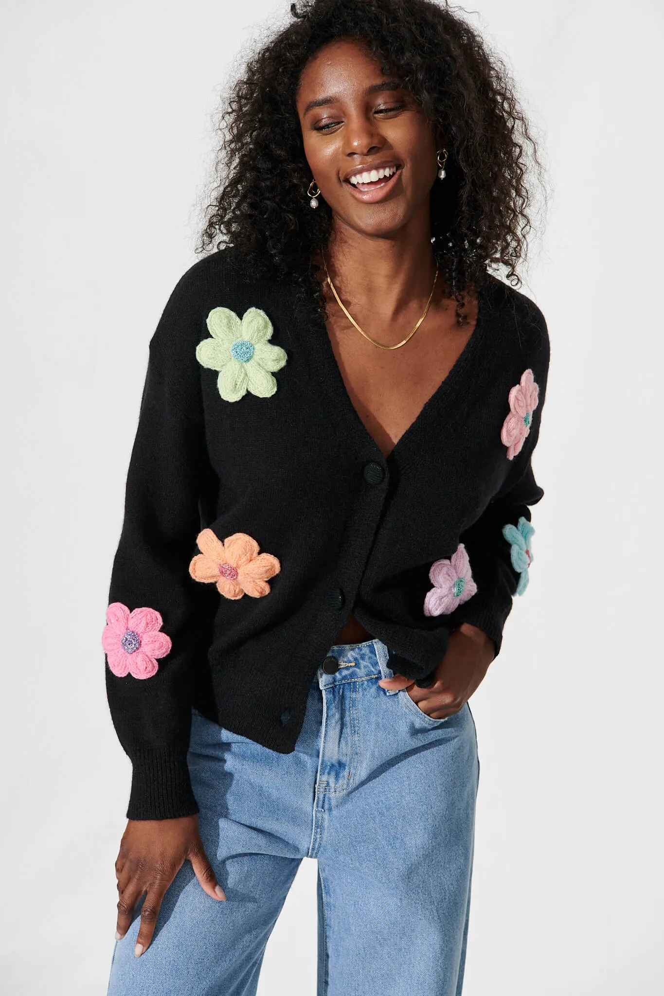 Daytales Knit Cardigan In Black With Multi Flower Wool Blend