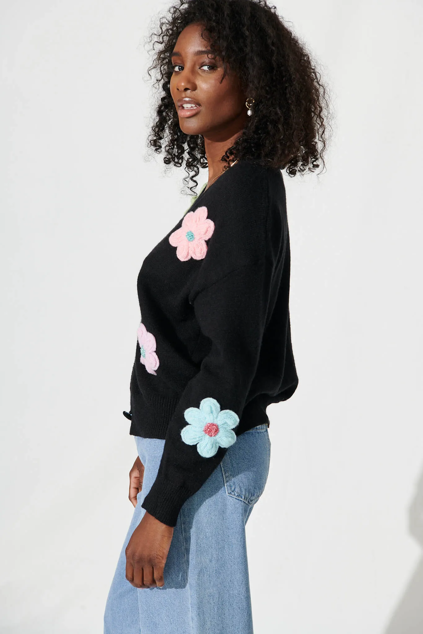 Daytales Knit Cardigan In Black With Multi Flower Wool Blend