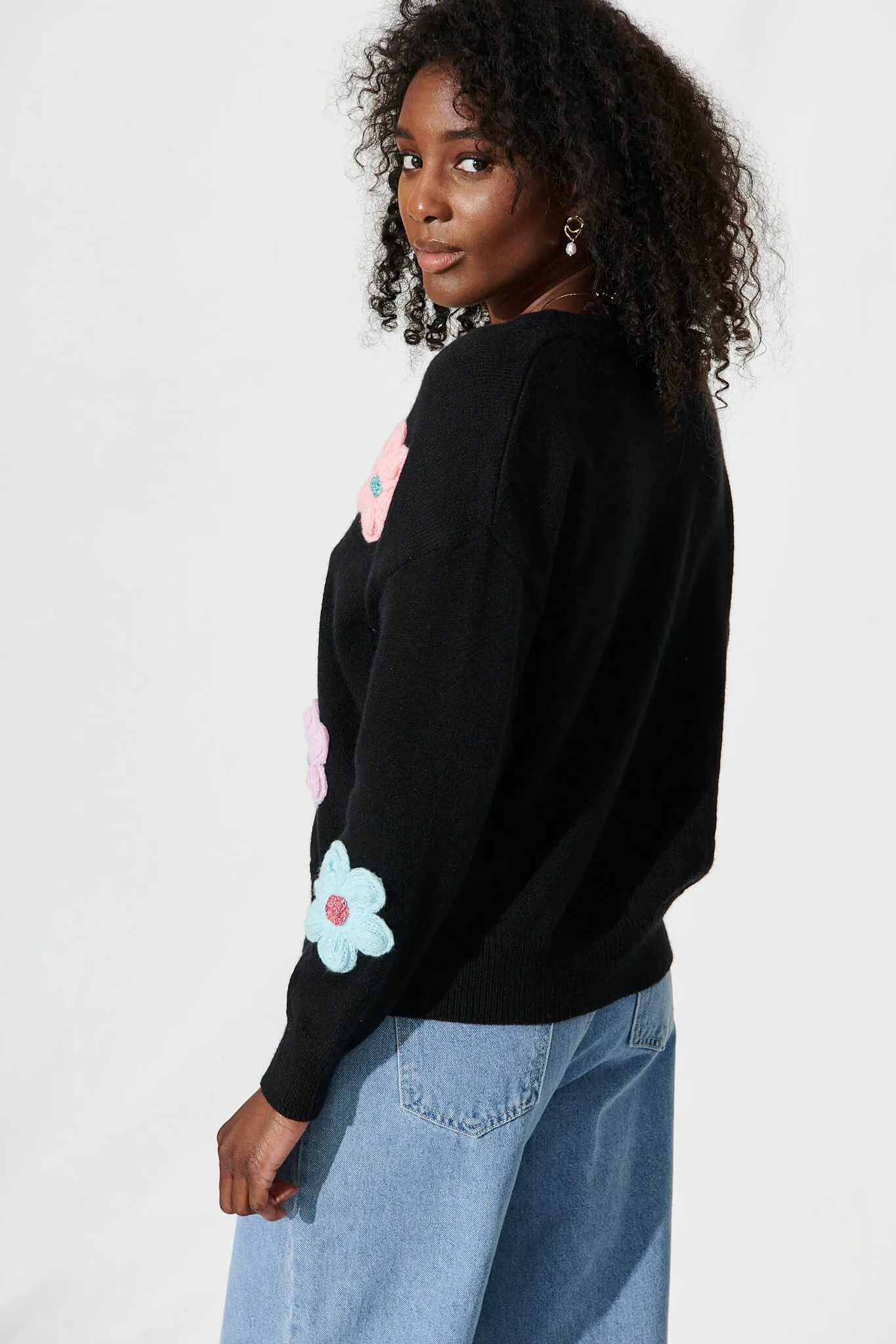 Daytales Knit Cardigan In Black With Multi Flower Wool Blend