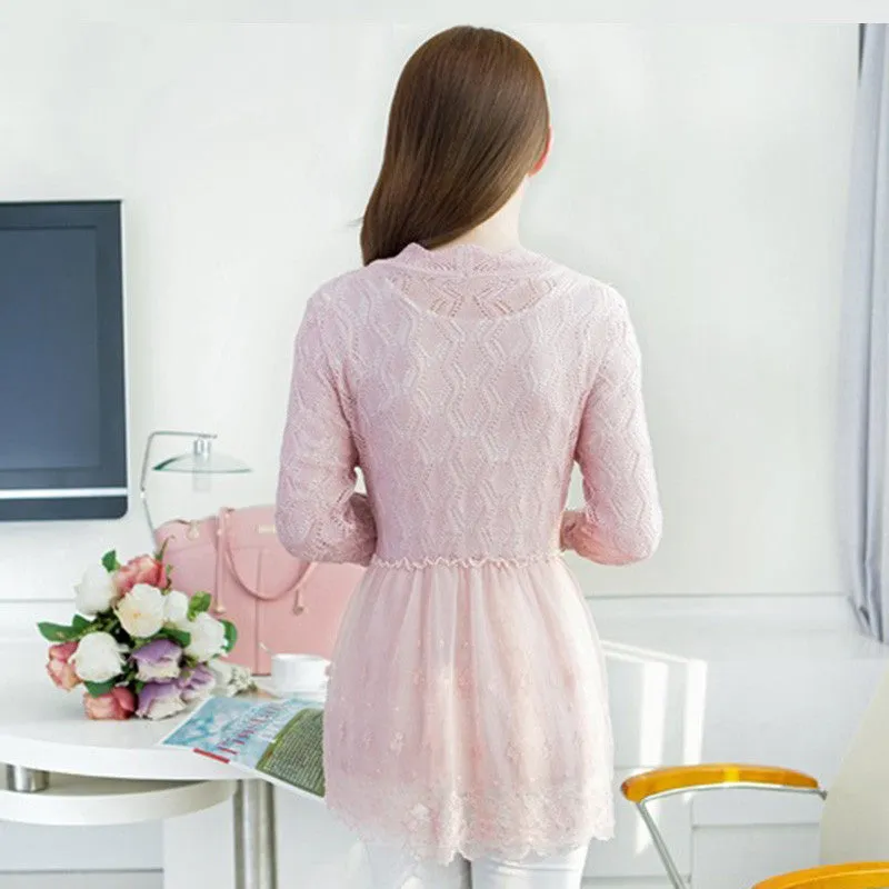 Design Women Sexy Lace Hollow Out Shirt Splice Crochet knit Elegant Cardigan SM6