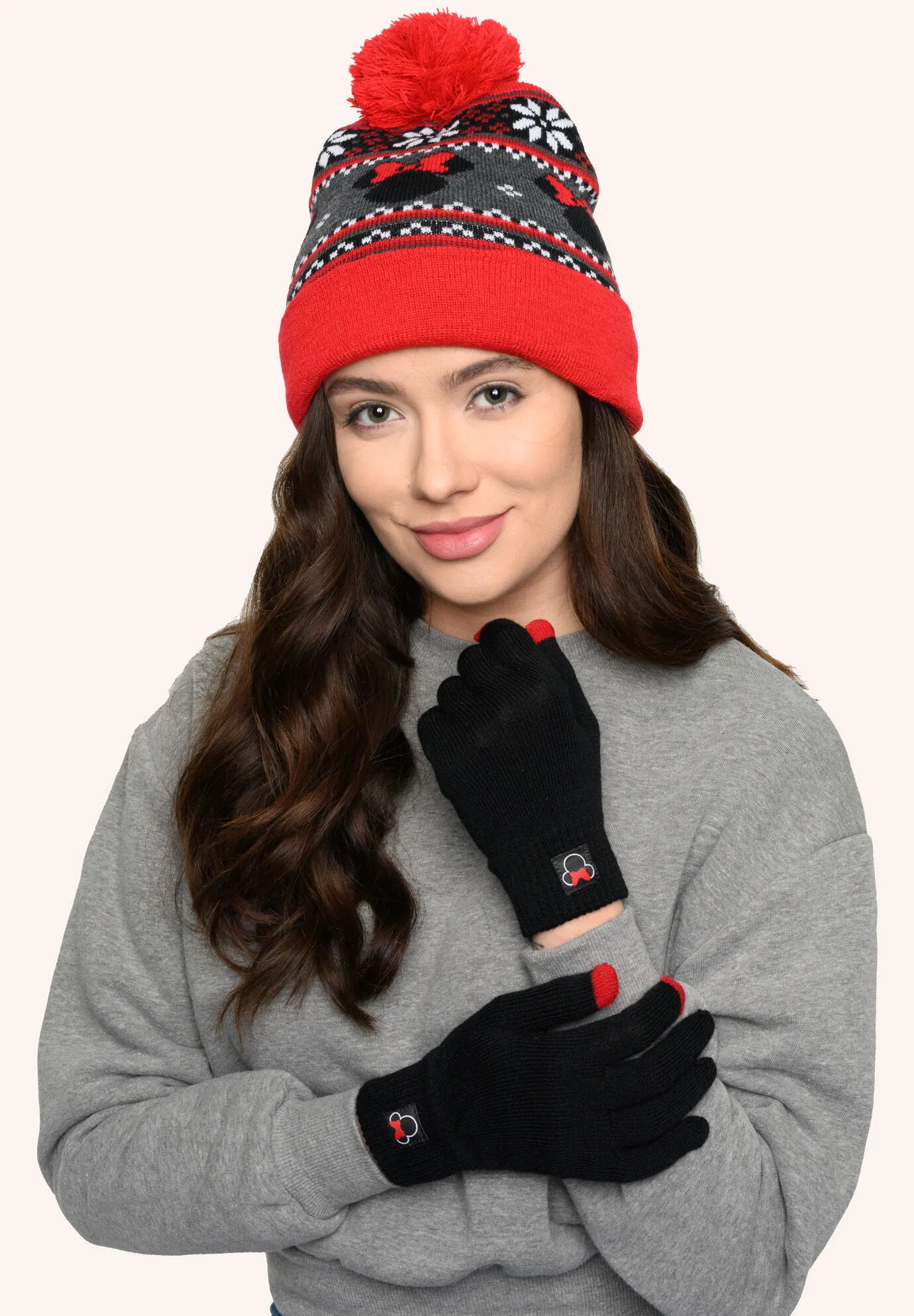 Disney Adult Minnie Mouse Knit Beanie Hat & Texting Gloves Red Gray 2-Pc Set