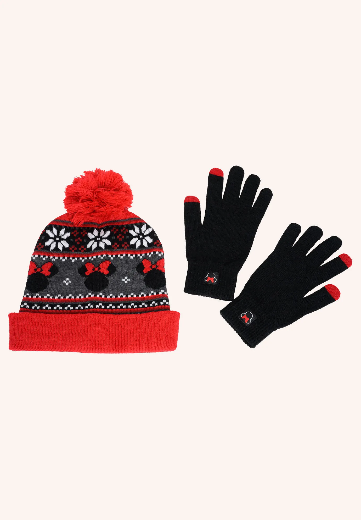 Disney Adult Minnie Mouse Knit Beanie Hat & Texting Gloves Red Gray 2-Pc Set