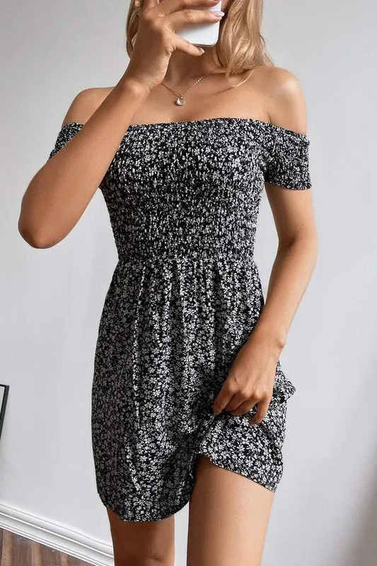 Ditsy Floral Off Shoulder Shirred Dress