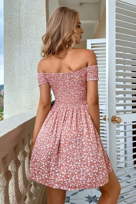 Ditsy Floral Off Shoulder Shirred Dress