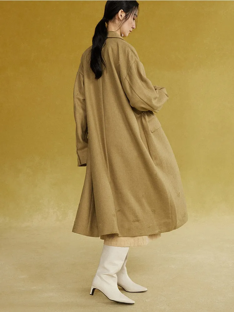 Drawstring Waist Frayed Long Coat