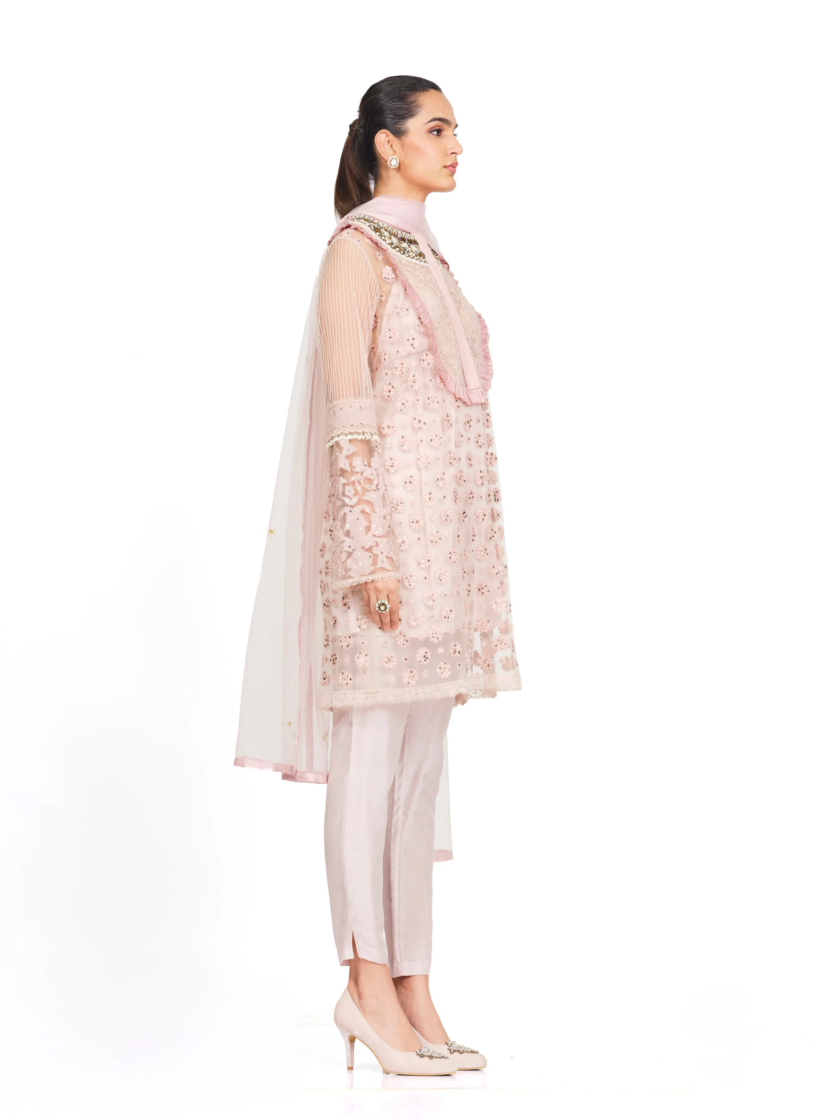 Embroidered Tunic with Neck Yoke Frills