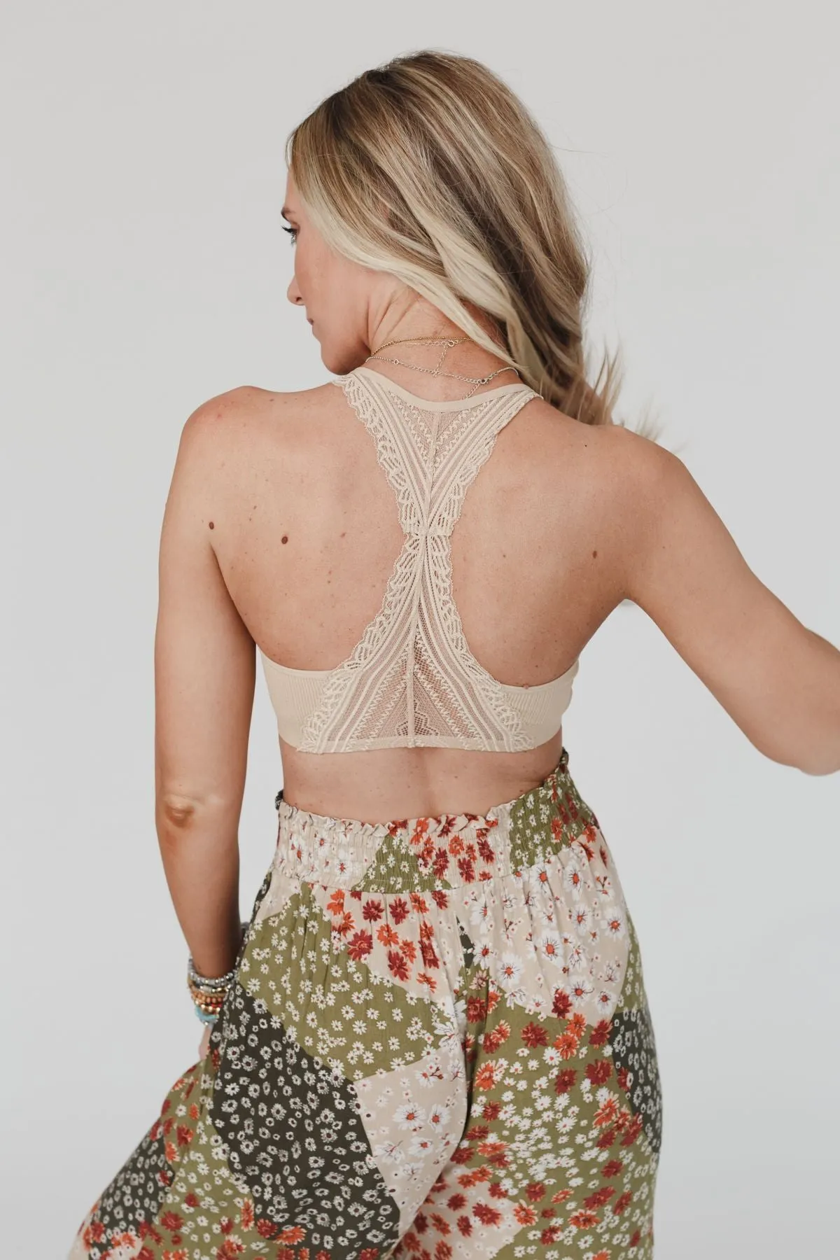 Evermore Seamless Lace Racerback Bralette - Beige