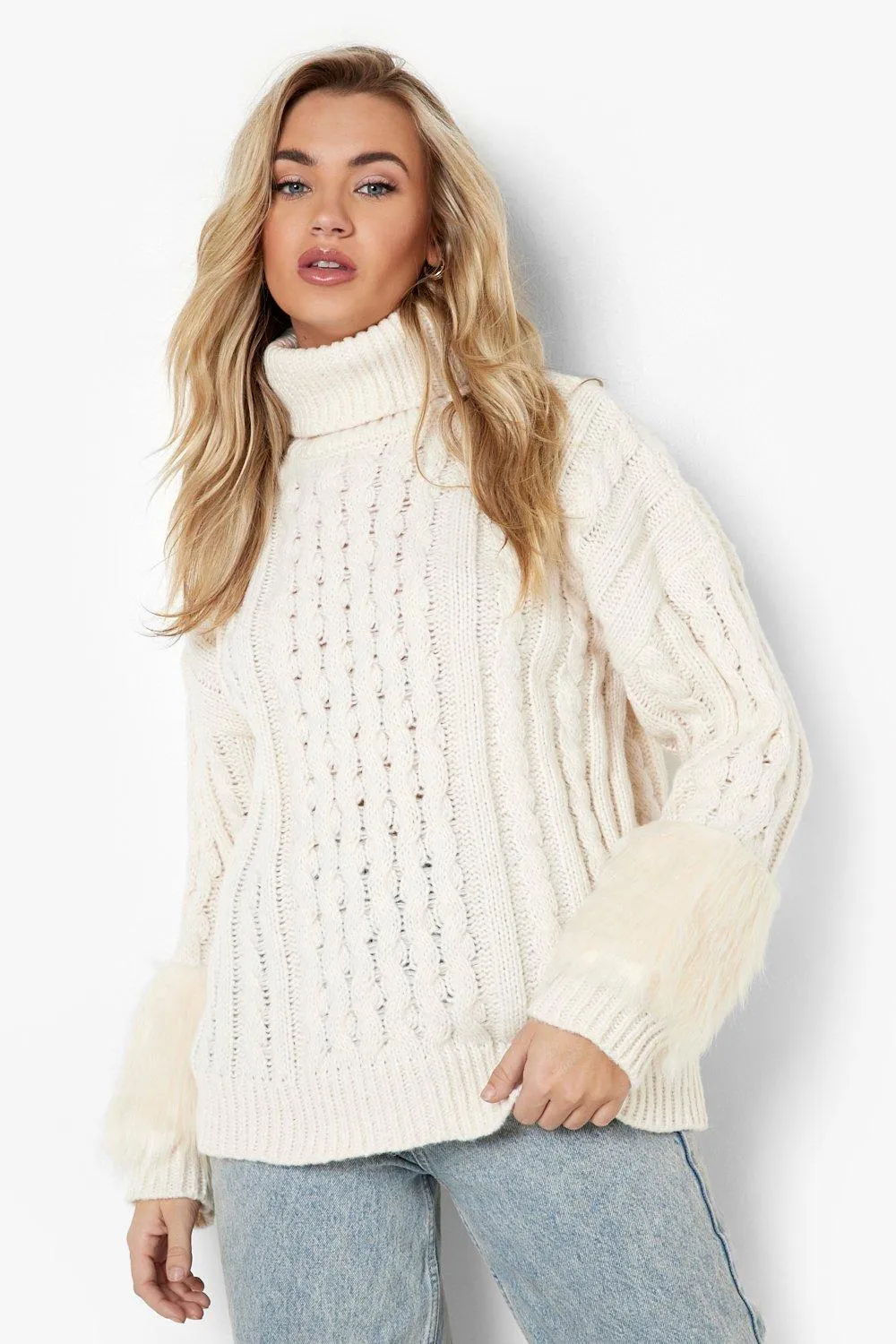 Faux Fur Cuff Cable Knit Sweater