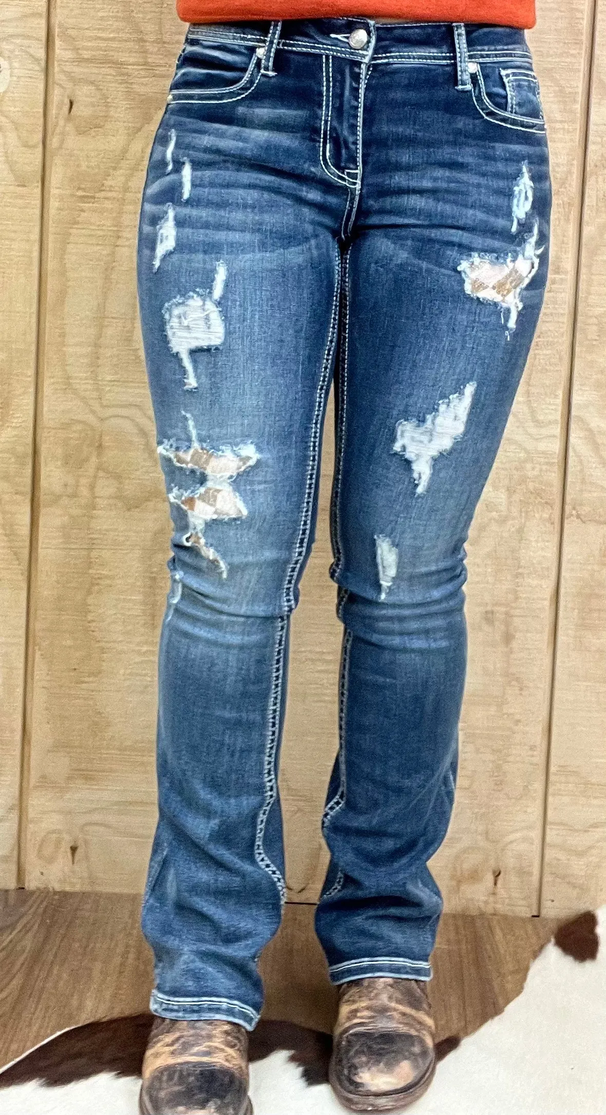 Grace in LA Women's Easy Fit Distressed Sequin Boot Cut Jeans EB81668