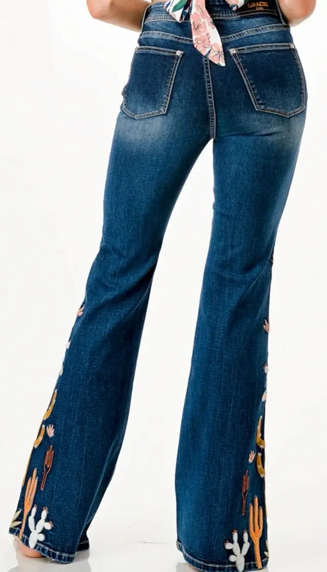 Grace in LA Women's High Waist Cactus Detail Medium Wash Flare Jeans