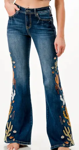 Grace in LA Women's High Waist Cactus Detail Medium Wash Flare Jeans