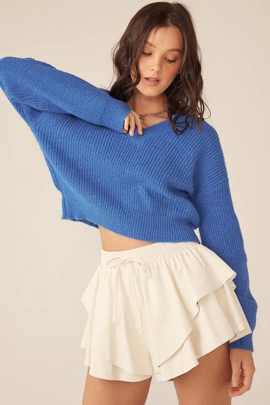 Ilaria Back V-Neck Knit Sweater Top - Blue