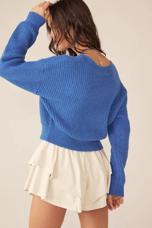 Ilaria Back V-Neck Knit Sweater Top - Blue