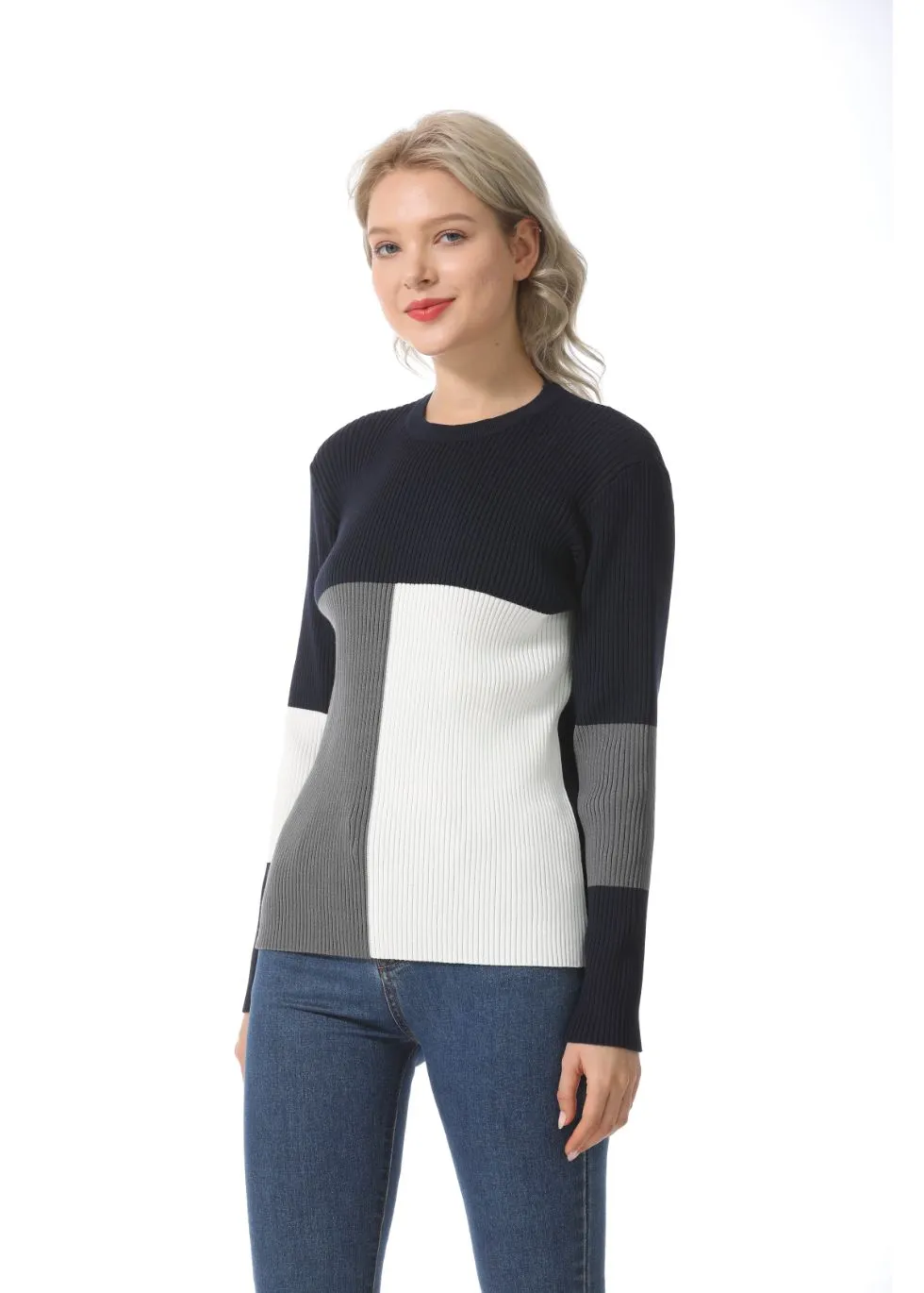 Long Sleeve Color Block Ribbed Sweater