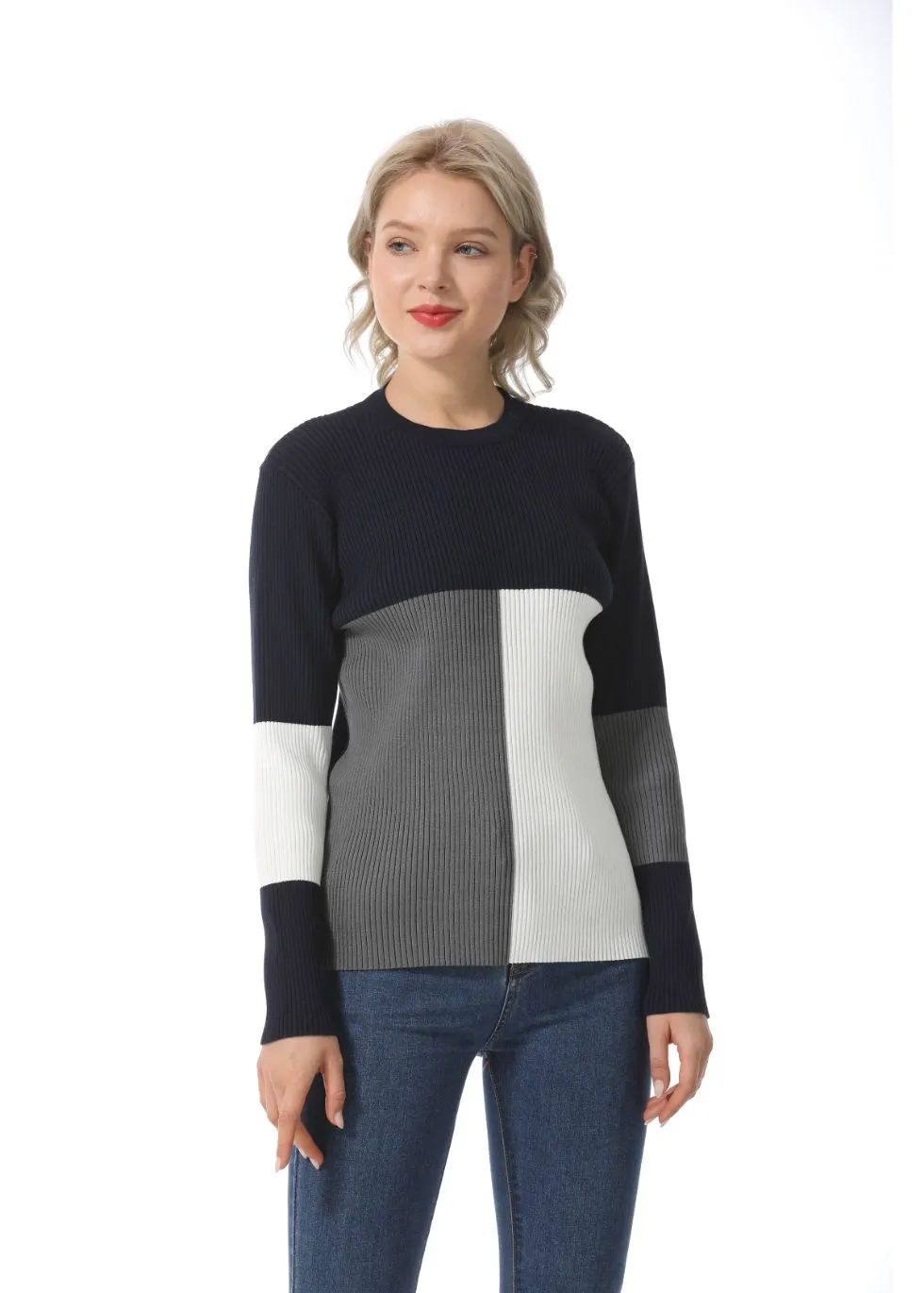 Long Sleeve Color Block Ribbed Sweater