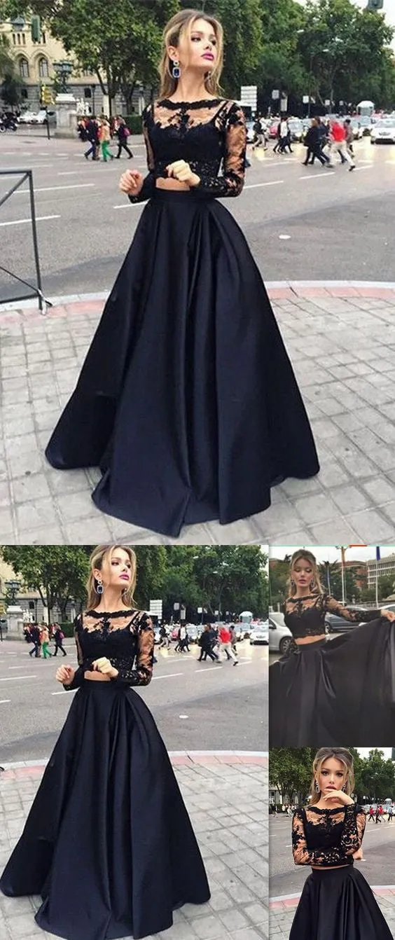 Long Sleeve Two Pieces Black With Clairvoyant Outfit Lace Ball Gown Evening Party Prom Dress,PD0045