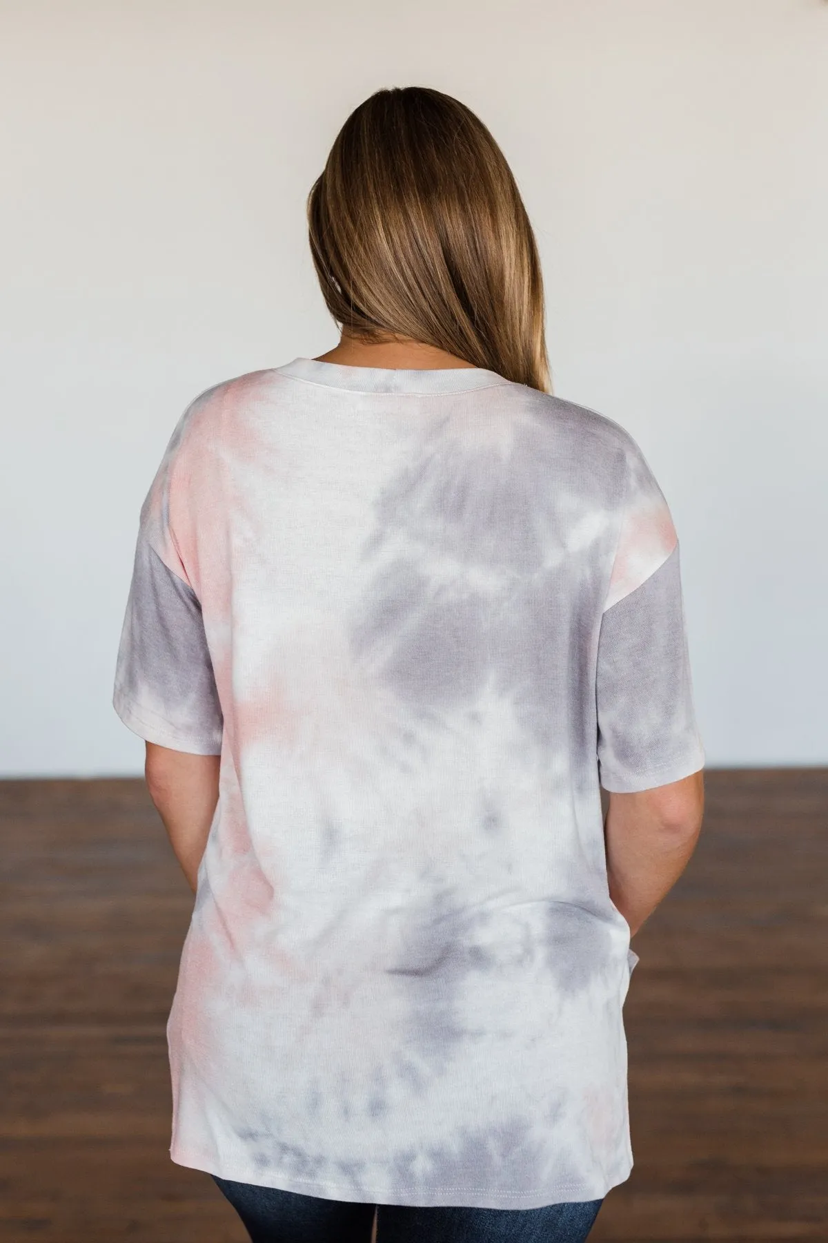 Love Awaits Muted Tie Dye Top- Coral & Grey