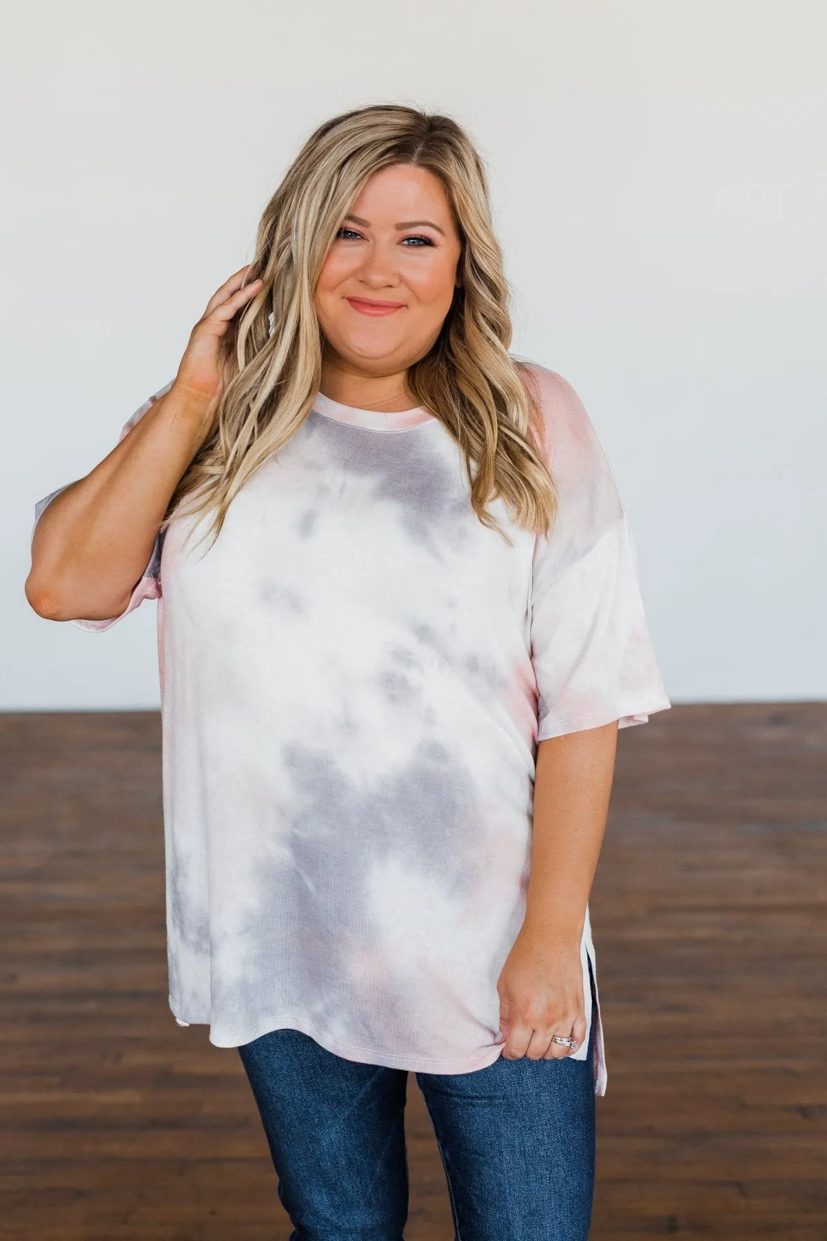 Love Awaits Muted Tie Dye Top- Coral & Grey