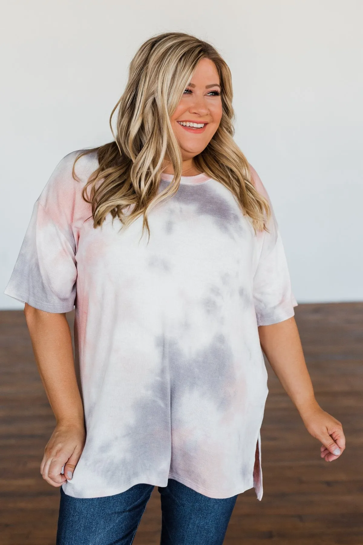 Love Awaits Muted Tie Dye Top- Coral & Grey